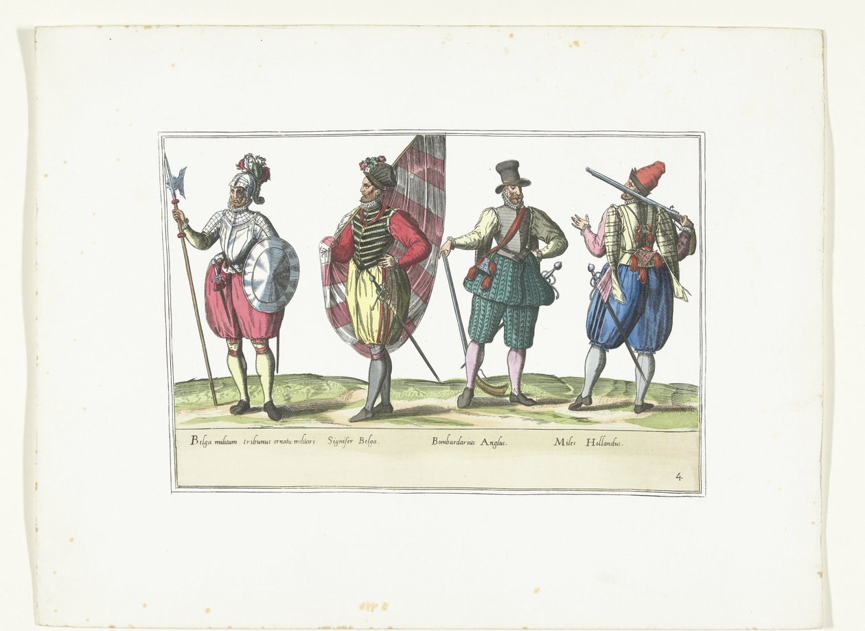 Čtyři vojáci v uniformách podle módy v Holandsku a Anglii, asi 1580 Kostýmy Militaires des Pays-Bas (název na objektu) od Anonymous