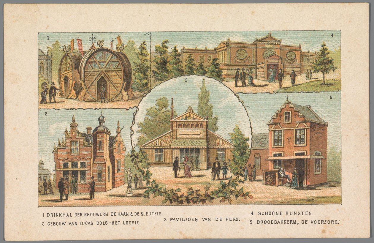 Pět pavilonů na světové výstavě v Amsterdamu, 1883 1 Pitná hala pivovaru De Haan & De Sleutels. 2 Budova Lucase Bolse - Het Loosie. 3 Pavilon tisku. 4 Výtvarné umění. 5 Pekárna chleba De Voorzorg. (název na objektu) Připomenutí aa od Anonymous