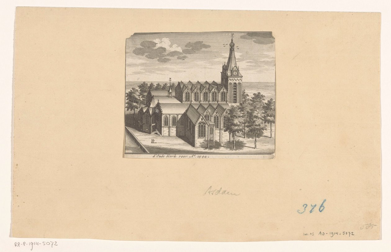 Pohled z ptačí perspektivy na Oude Kerk v Amsterdamu, před rokem 1544 d