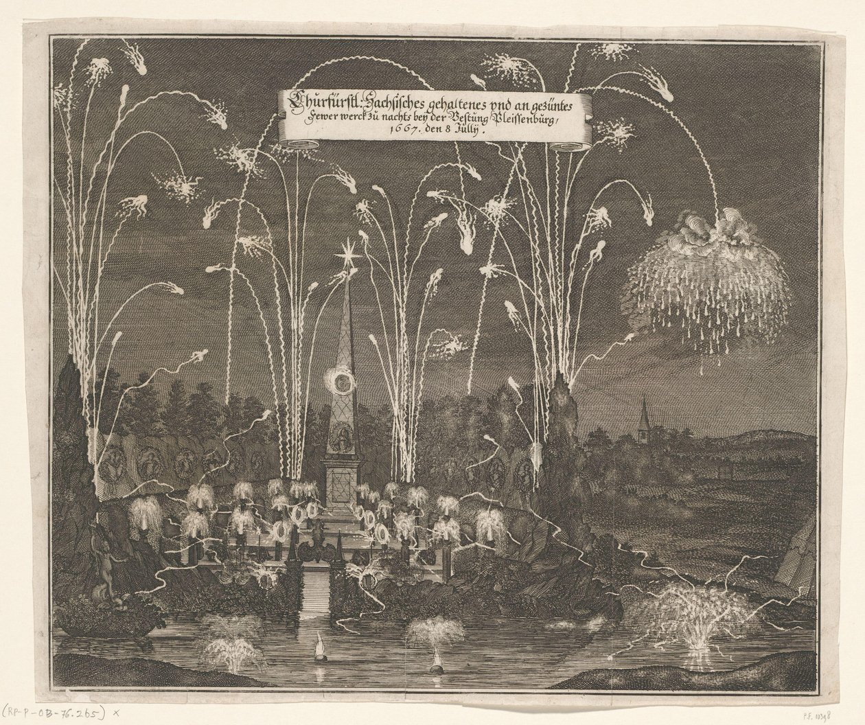 Ohňostroj u Pleißenburgu, 8. července 1667 Churfürstl: Sachsisches gehaltenes und an gezentes Méně werck zu nachts v pevnosti Pleissenburg, 1667, 8. července (název na objektu) od Anonymous