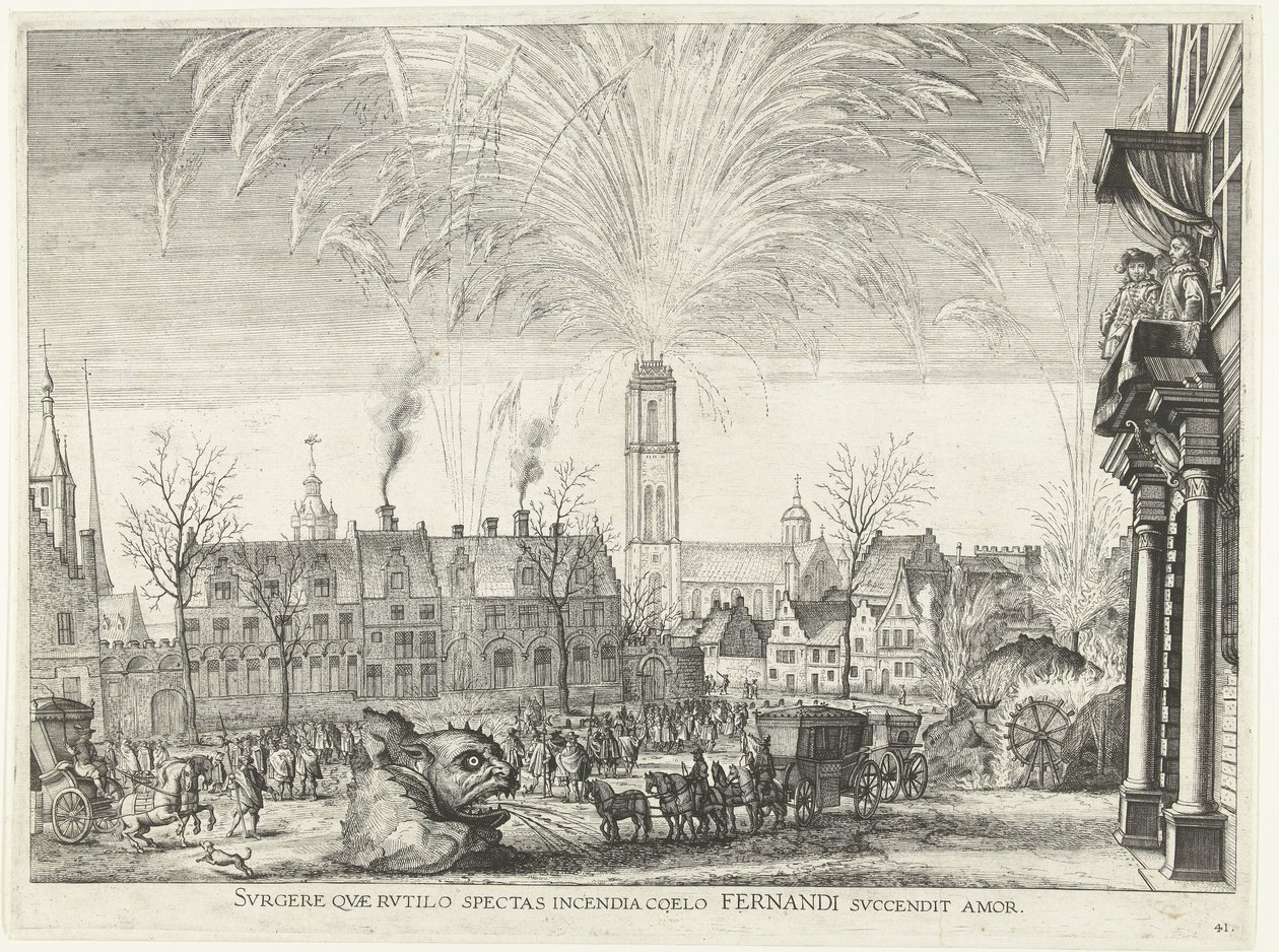 Vuurwerk; intocht van Ferdinand te Gent v roce 1635 (č. 41) Vstaň, který se díváš na hořící oheň na obloze Fernandiho láska vzplane (titul na předmětu) Obrázek nočních požárů v hipodromu a věži od Anonymous