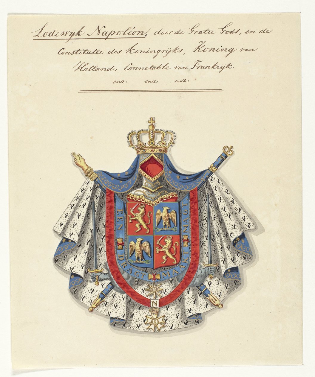 Erb Ludvíka Napoleona Bonaparta, krále Holandska Louis Napoléon, z Boží milosti, a Ústava království, král Holandska, Connectable of France (název na předmět) od Anonymous