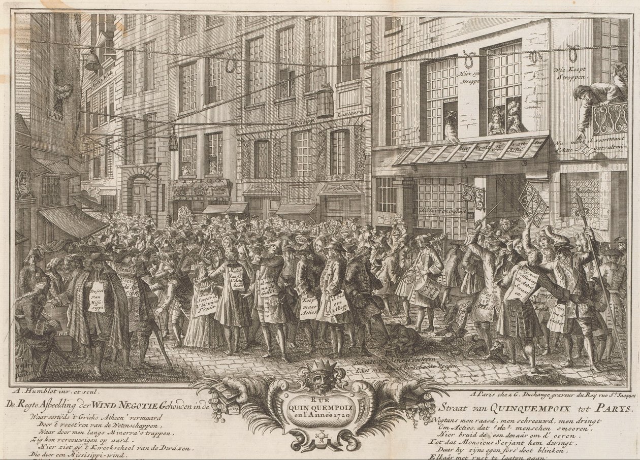 Obchod s větrem v Rue Quinquempoix, 1720 De Regte Obrázek vyjednávání větru konaného v úžině Quinquempoix do Parys (název na objektu) The Great Scene of Folly (název série) od Anonymous