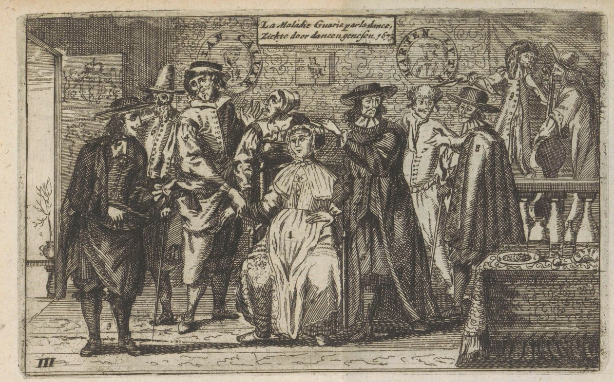 Léčení nemoci tancem, 1673 La Maladie Guarie par la dance / Léčení nemoci tancem. 1673 (název na objektu) od Anonymous