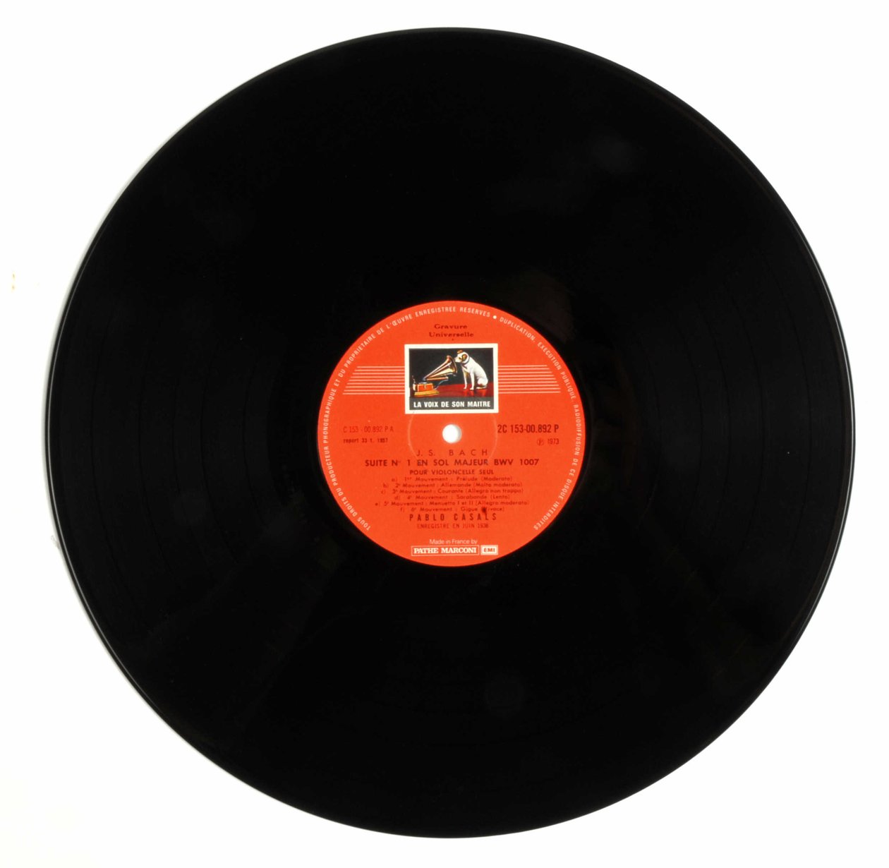 33 kruhový disk (vinylová deska) značky „EMI the voice of his master““ od Pabla Casalsa interpretujícího 6 violoncellovou suitu Jeana Sebastiena Bacha (Johann Sebastian Bach od Anonymous Anonymous