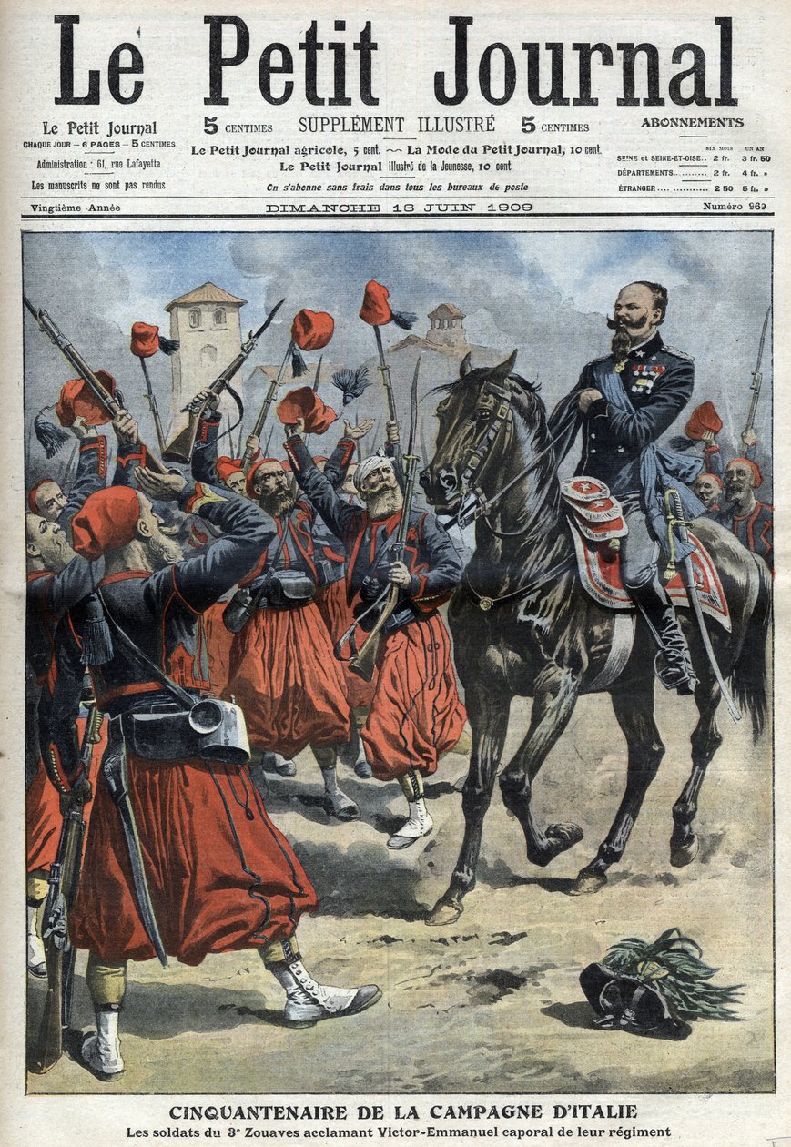 50. výročí italského tažení: vojáci 3. pluku v Zouaves jásající krále Viktora Emmanuela III. (Victor Emmanuel, Vittorio Emanuele 3) jmenováni desátníkem svého pluku po bitvě u Palestra – „The Petity Journal“ z 1. od Anonymous Anonymous
