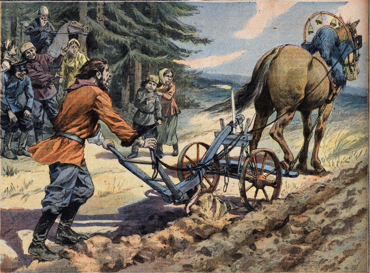Ruský rolník orající pole pomocí pluhu, na kterém je položena svíčka. Conte de Easter Rytina z novin „“Le Petro Parisien“, 19.4.1908. Soukromá sbírka. od Anonymous Anonymous