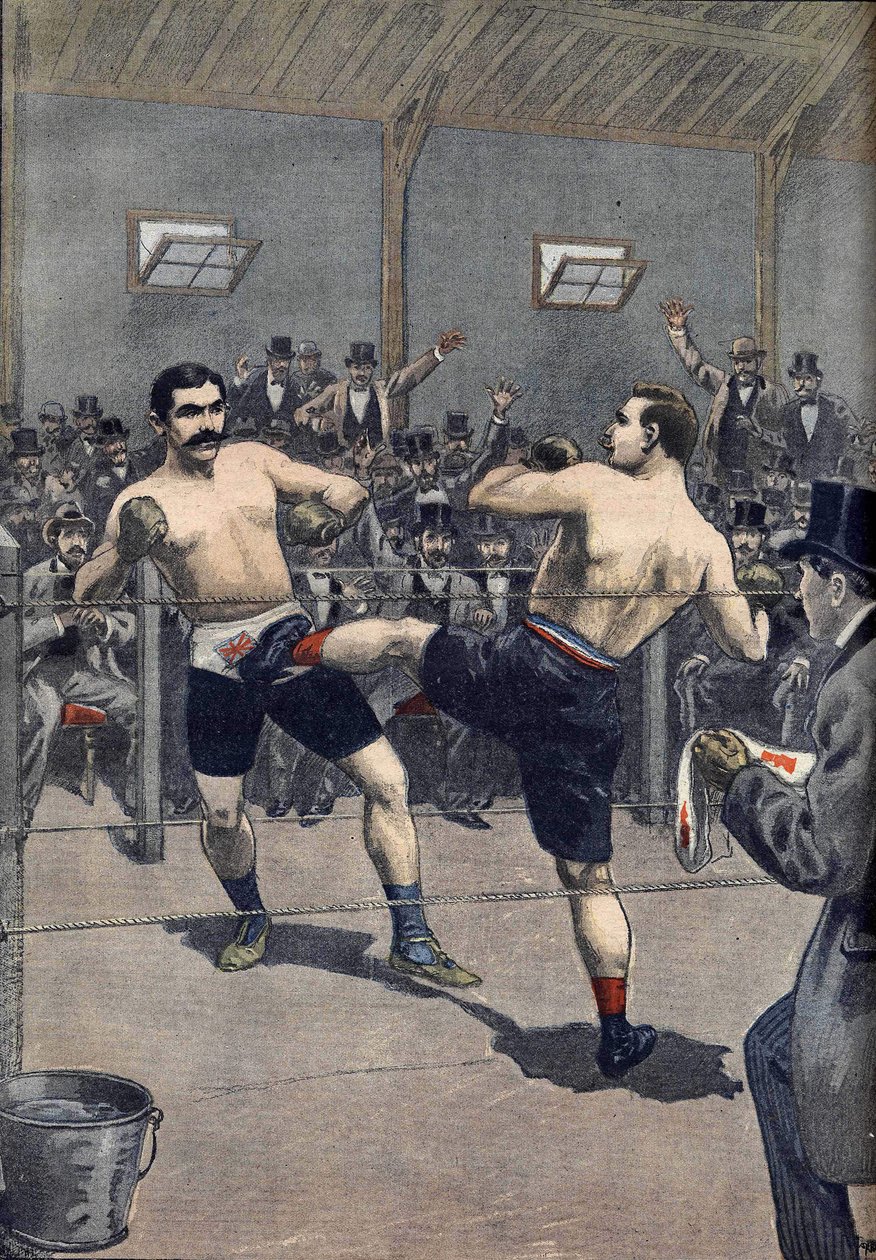 Boxerský útok: vítězství francouzského šampiona Josepha Charlemonta (1839-1918) proti Jerrymu Driscollovi technikou „savate“““ v Le Petit Journal 1899 od Anonymous Anonymous