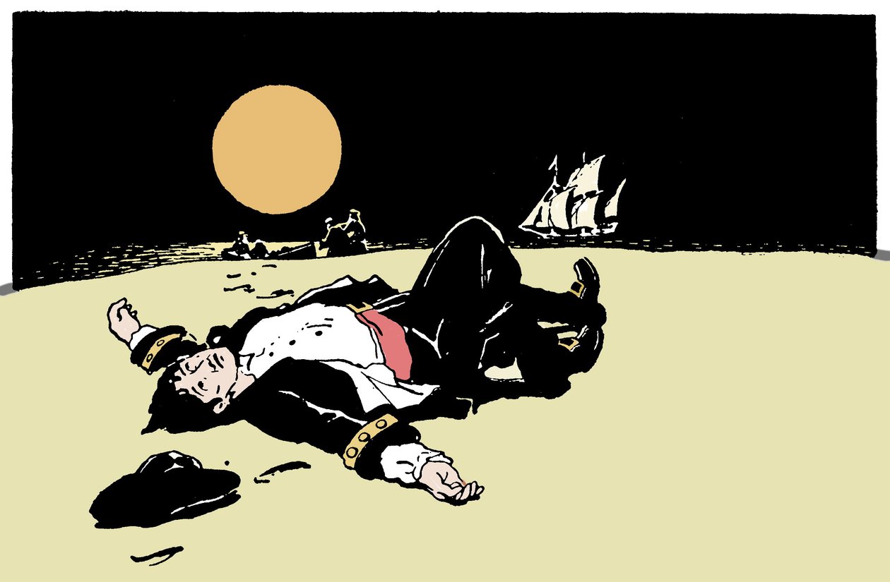 Kapitán zabitý piráty je opuštěn na ostrově, pirátská loď se vzdaluje na obzoru Ilustrace z „The Boys Books of Pirates““ 1913 od Anonymous Anonymous