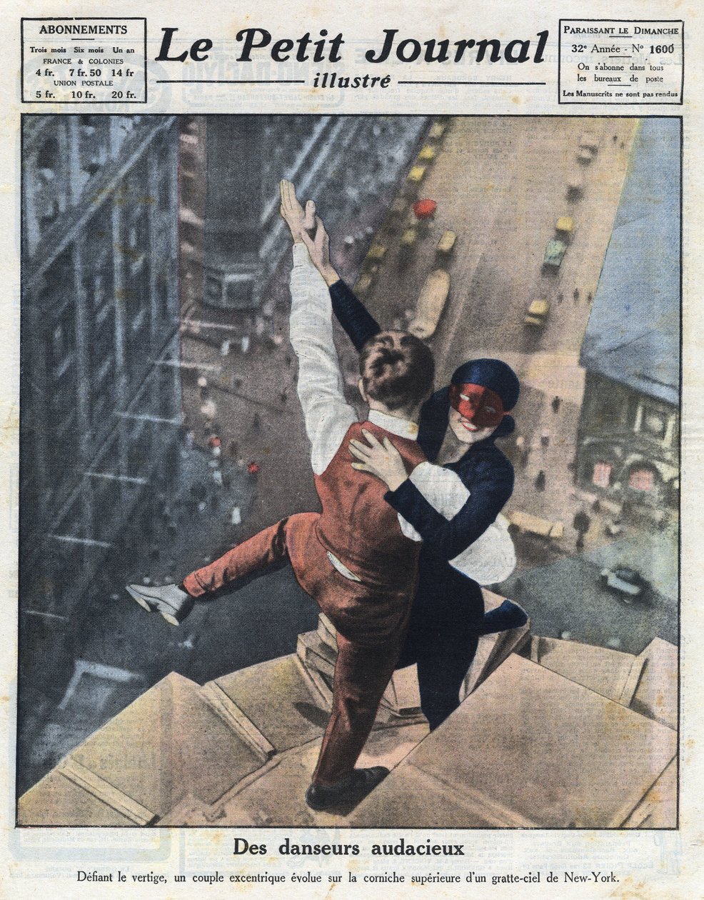Pár extrémních tanečníků se vyvíjí na římse mrakodrapu v New Yorku. Ilustrace převzata z „Le petit journal illustré“ z 21.8.1921. Soukromá sbírka od Anonymous Anonymous