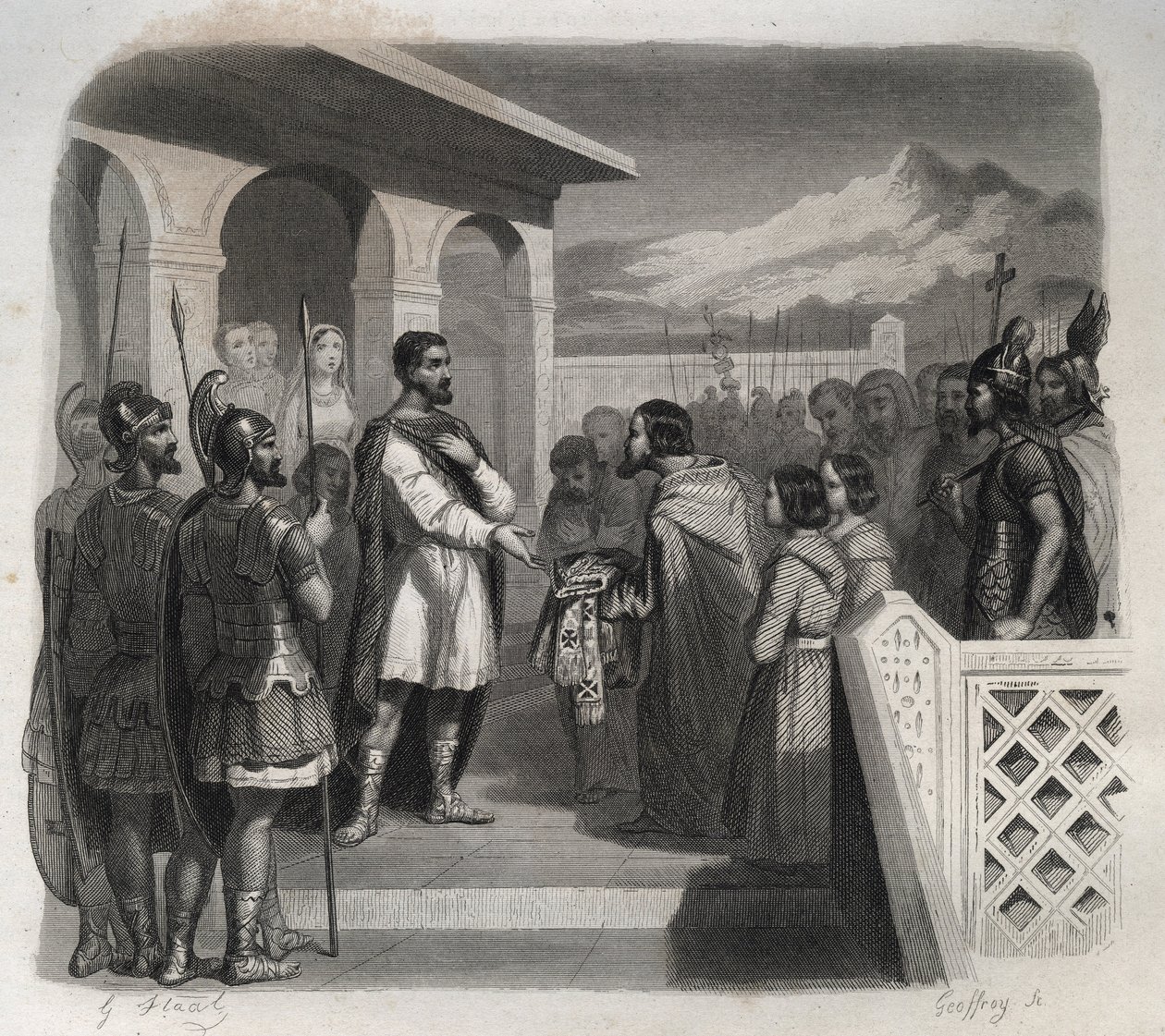 Deputace města Clermont nabízí episkopát svaté Sidoině Apolinářovi (Caius Sollius Apollinaris Sidonius), politikovi, eveque a gallo-římském spisovateli (430-486). Rytina z roku 1846 v „Životech svatých““. Soukromá sbírka. od Anonymous Anonymous