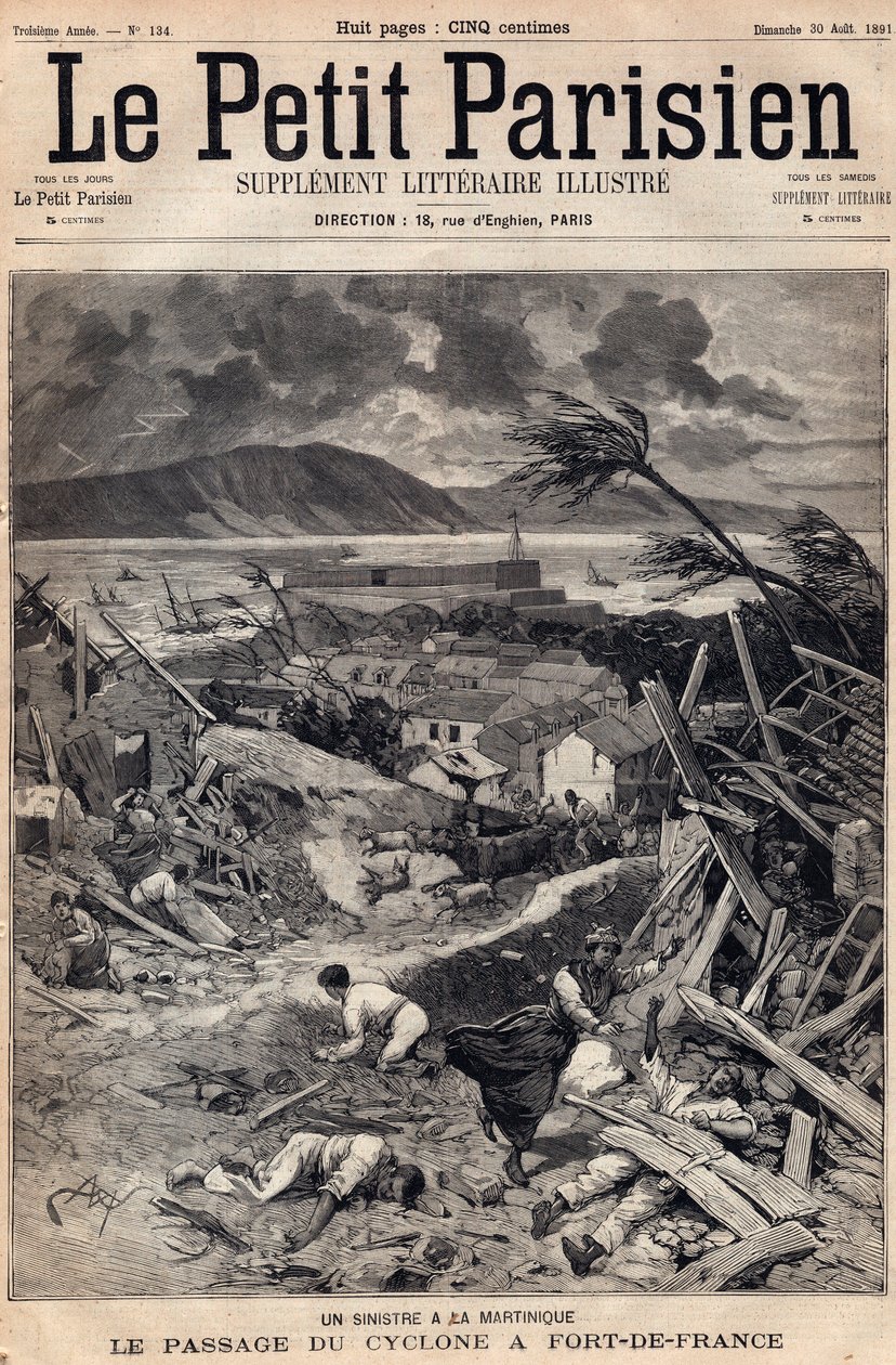 Katastrofa na Martiniku: průchod cyklónu ve Fort-de-France (Fort de France) v roce 1891. Rytina v „“Le petit Parisien““ ze srpna 1891. Soukromá sbírka. od Anonymous Anonymous