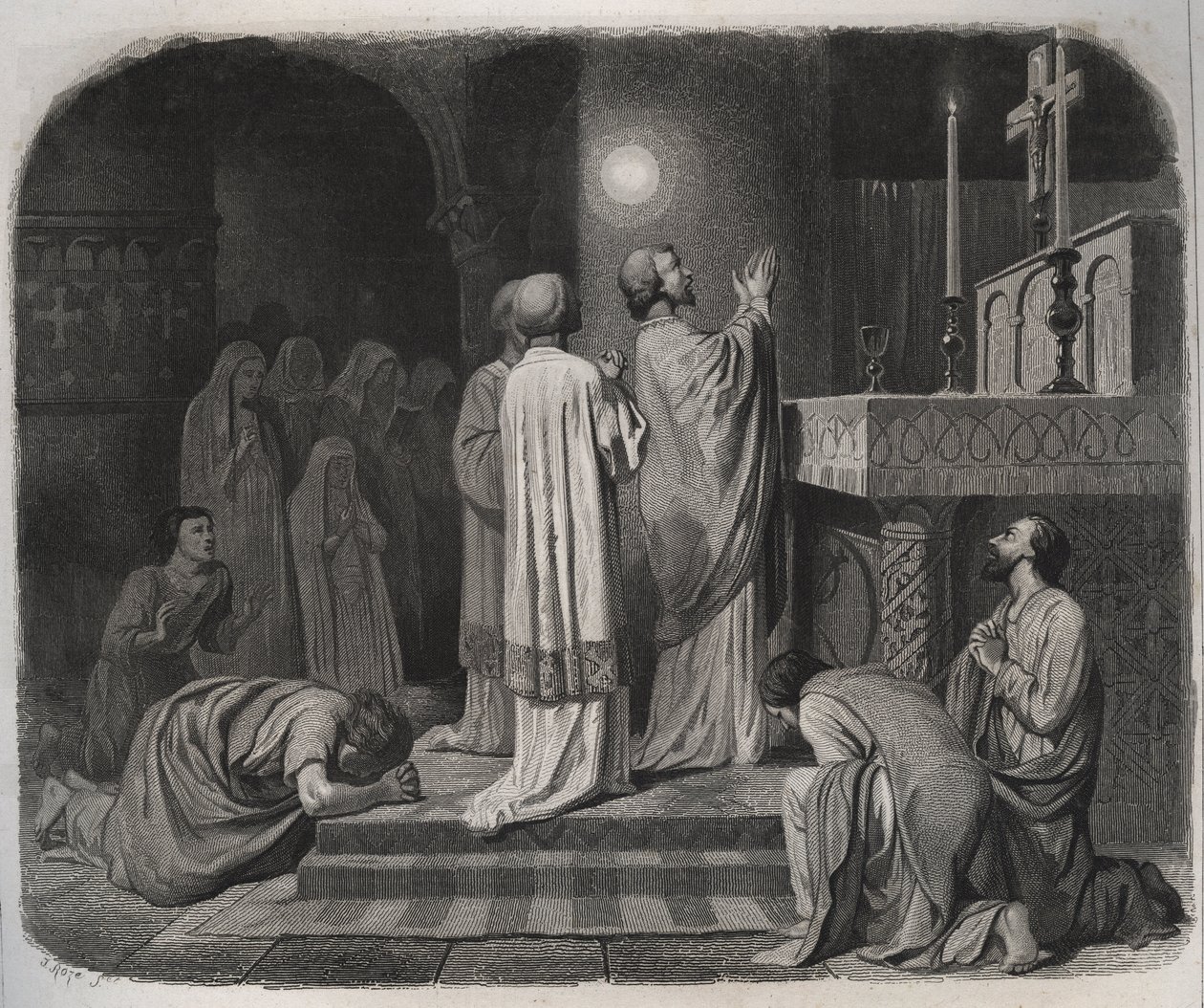 Při práci se nad SVATÝM MARTINEM eveque de Tours (316-397) objevuje ohnivá koule. Rytina z roku 1846 v „Životech svatých““. Soukromá sbírka. od Anonymous Anonymous