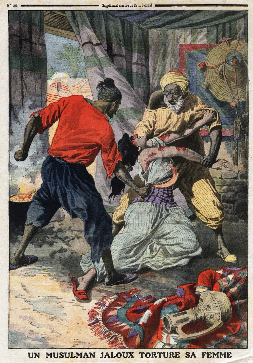 Žárlivý muslim mučí svou manželku: ženu zbitou v departementu Constantine v Alžírsku. Rytina v „“Le Petite Journal“ dne 28.1.1912. Soukromá sbírka. od Anonymous Anonymous