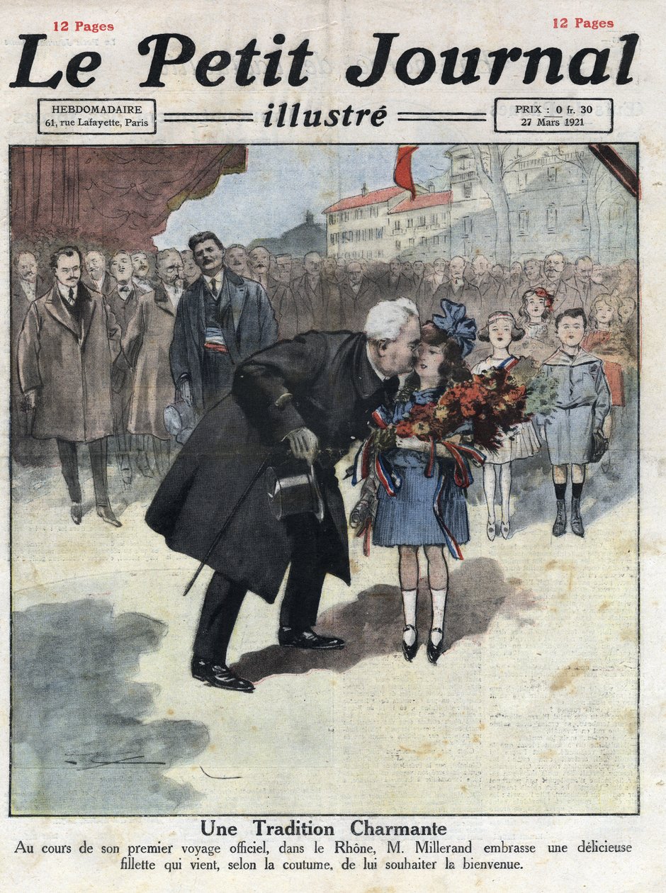 Malá holčička nabízí kytici v barvách trikolóry prezidentovi republiky Alexandre Millerandovi během jednoho ze svých vysídlení na Rhoně. Ilustrace převzata z „“Le petit journal““ z 27.3.1921. Soukromá sbírka od Anonymous Anonymous