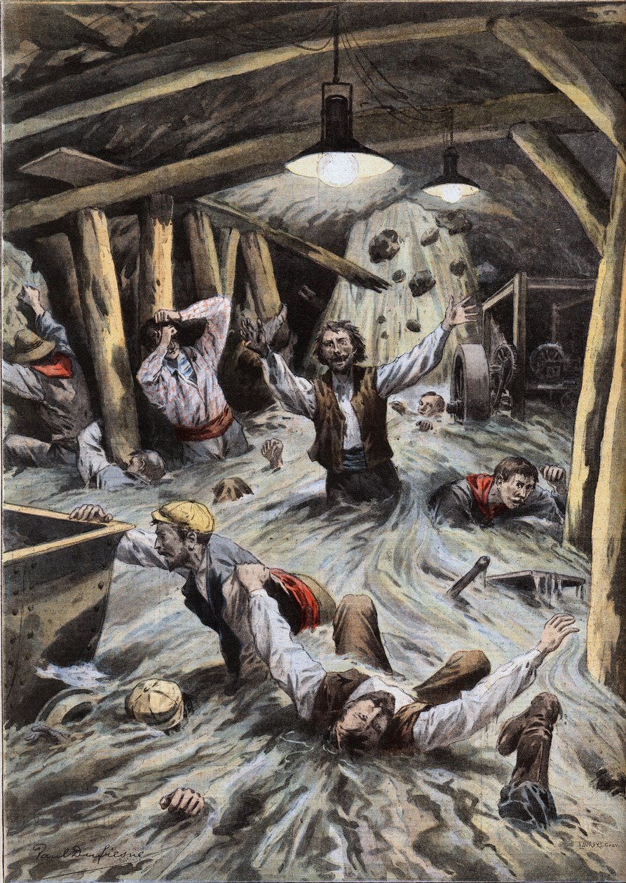 Řeka během stavby vtrhne do tunelu Loetschberg ve Švýcarsku. Rytina z novin „“Le Peute Parisien“, 9.8.1908. Soukromá sbírka. od Anonymous Anonymous