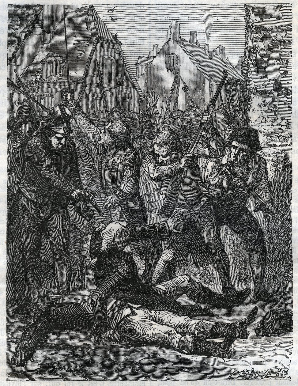 Scéna z období francouzské revoluce: Theobald de Dillon (1745-1792) a džin důstojník jménem Berthois byli zmasakrováni vojáky a lidmi z Lille, kteří je obvinili ze zrady. Rytina z roku 1866 v „Histoire de la Revolution fr od Anonymous Anonymous