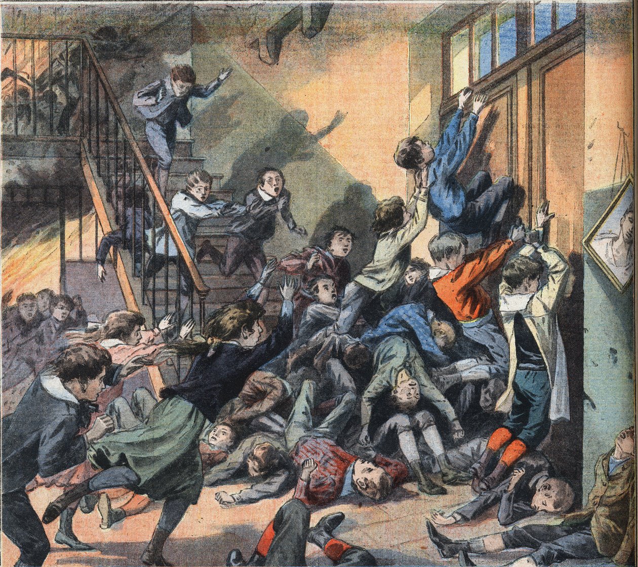 V Clevelandu (Spojené státy americké) vyhořela škola. Rytina z novin „“Le Petite Parisien“, 22.3.1908. Soukromá sbírka. od Anonymous Anonymous