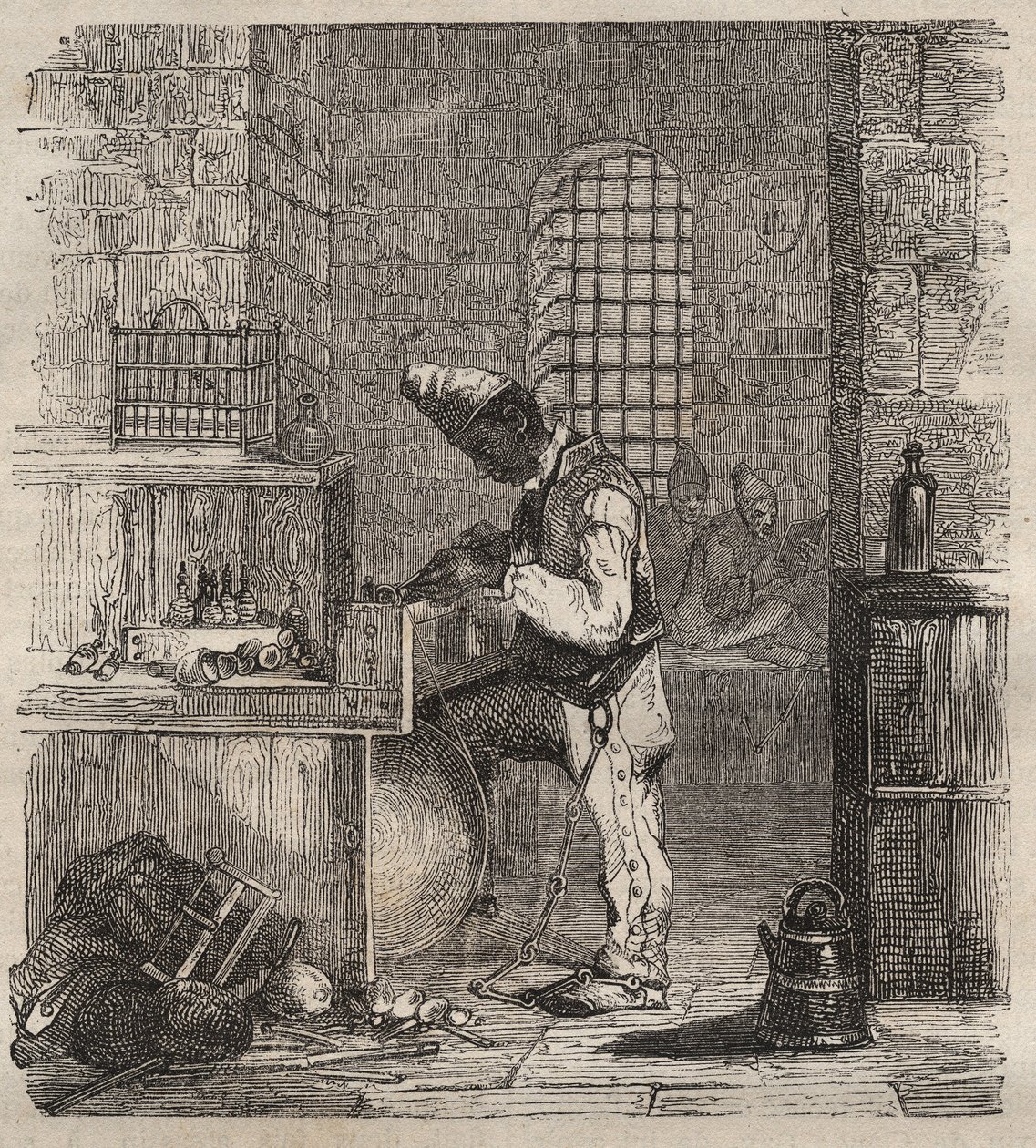 Pracovní síla v Brest Bagne v 19. století. Rytina do „Historie trestanců od jejich vzniku až po současnost“ (1877) od Pierra Zacconeho (1817-1895) (Colonia Penale - Trestná kolonie). Soukromá sbírka. od Anonymous Anonymous