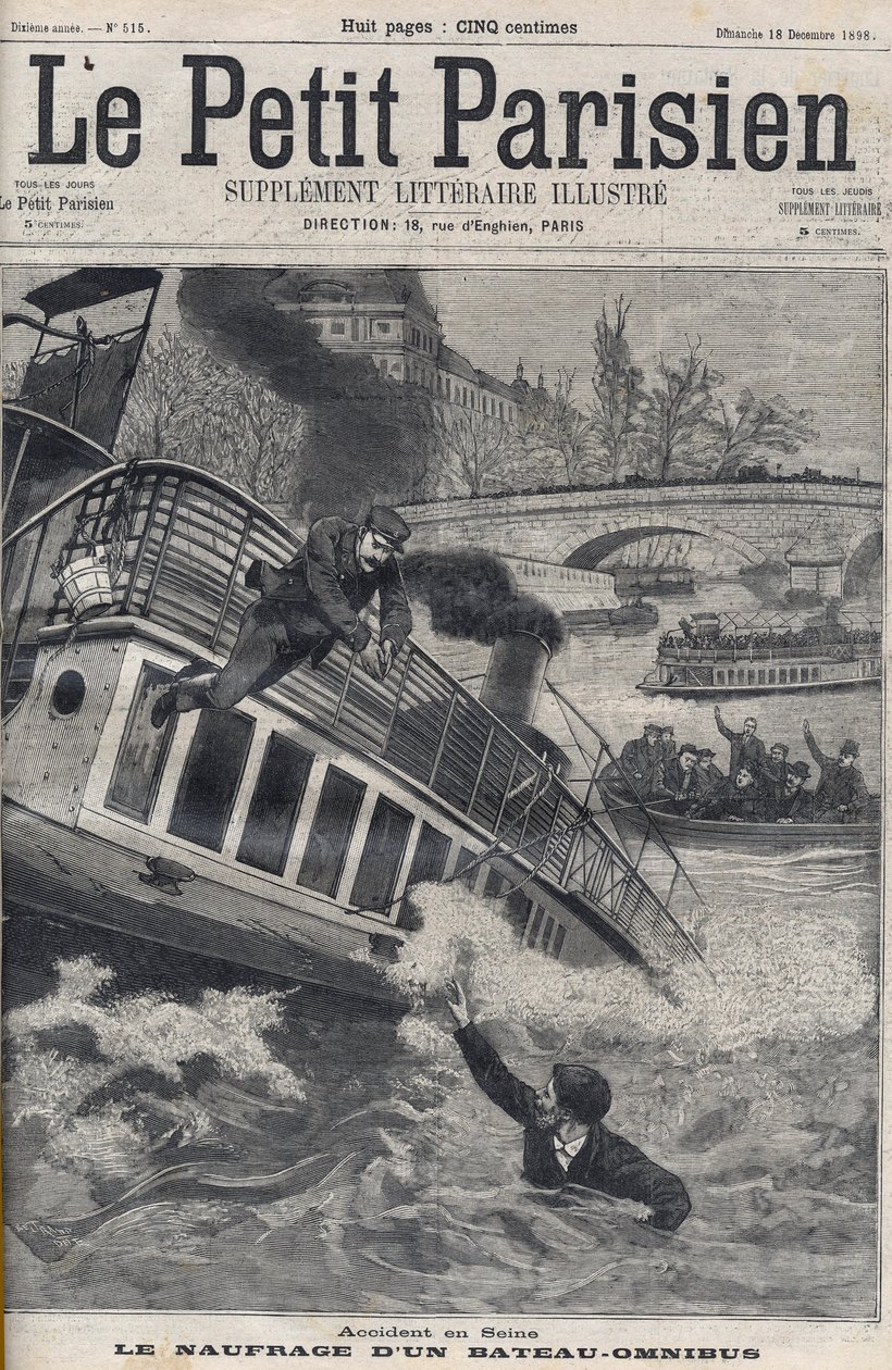 Nehoda na Seině v Paříži – Potopení lodi Omnibus: posádka lodi skočí do Seiny, aby unikla. Le Petit Parisien, dne 18.12.1898. od Anonymous Anonymous