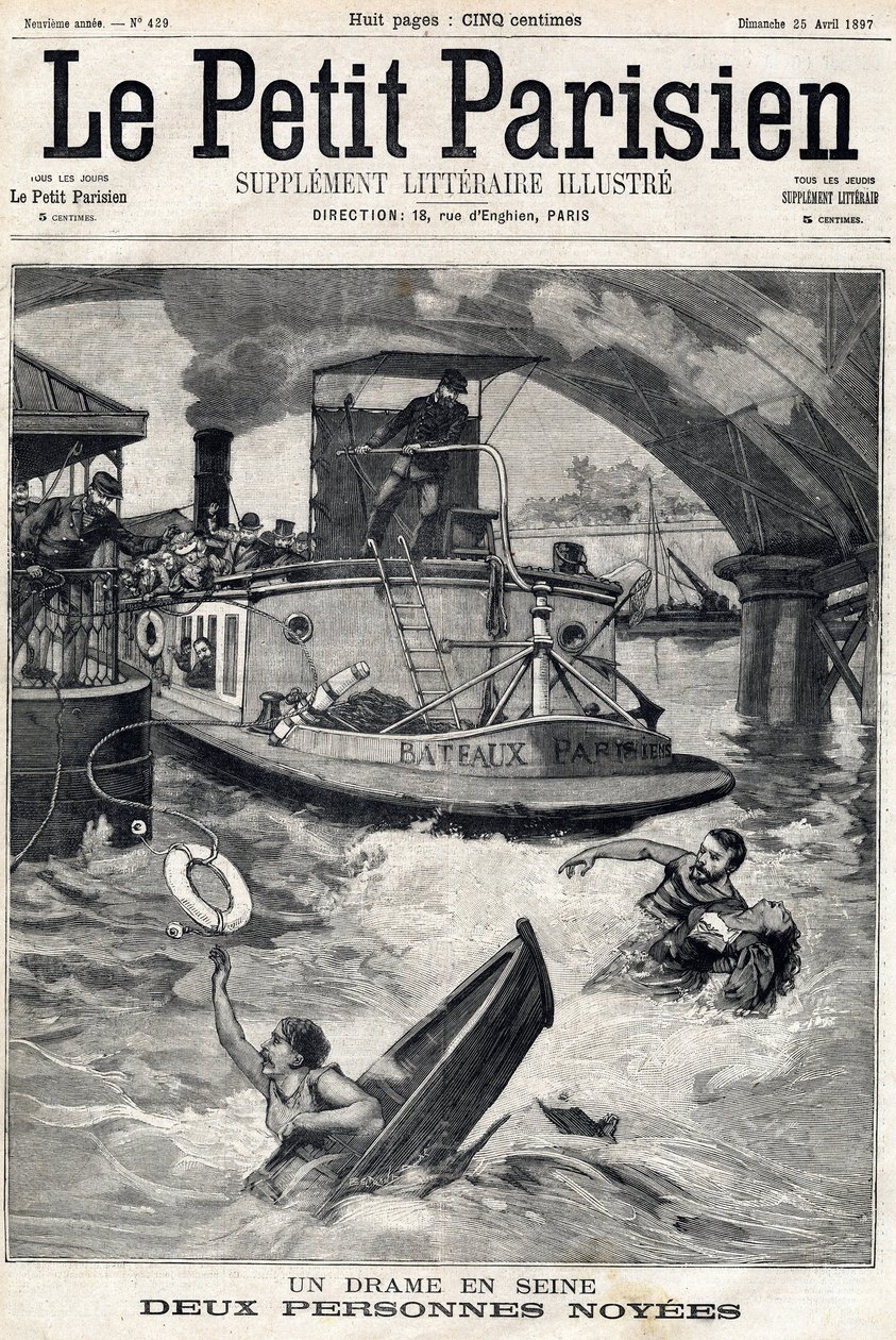 Nehoda na Seině: dva lidé v utopené lodi. V „“Le Petit Parisien““ dne 25.4.1897. od Anonymous Anonymous