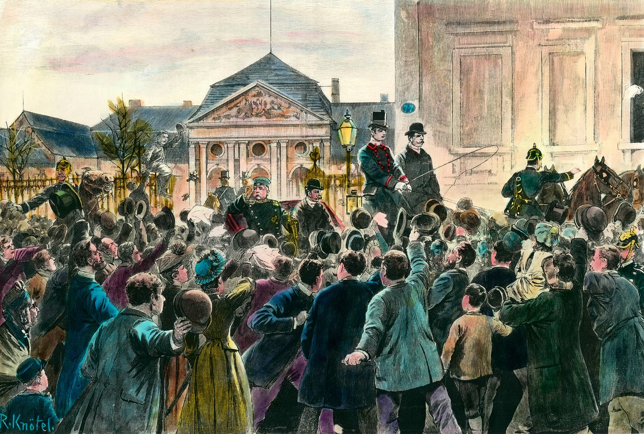 Aklamace davu při odchodu Otto von Bismarcka (1815-1898) opouštějícího úřad a Berlín dne 29. března 1890 Rytina konce 19. století. Soukromá sbírka od Anonymous Anonymous