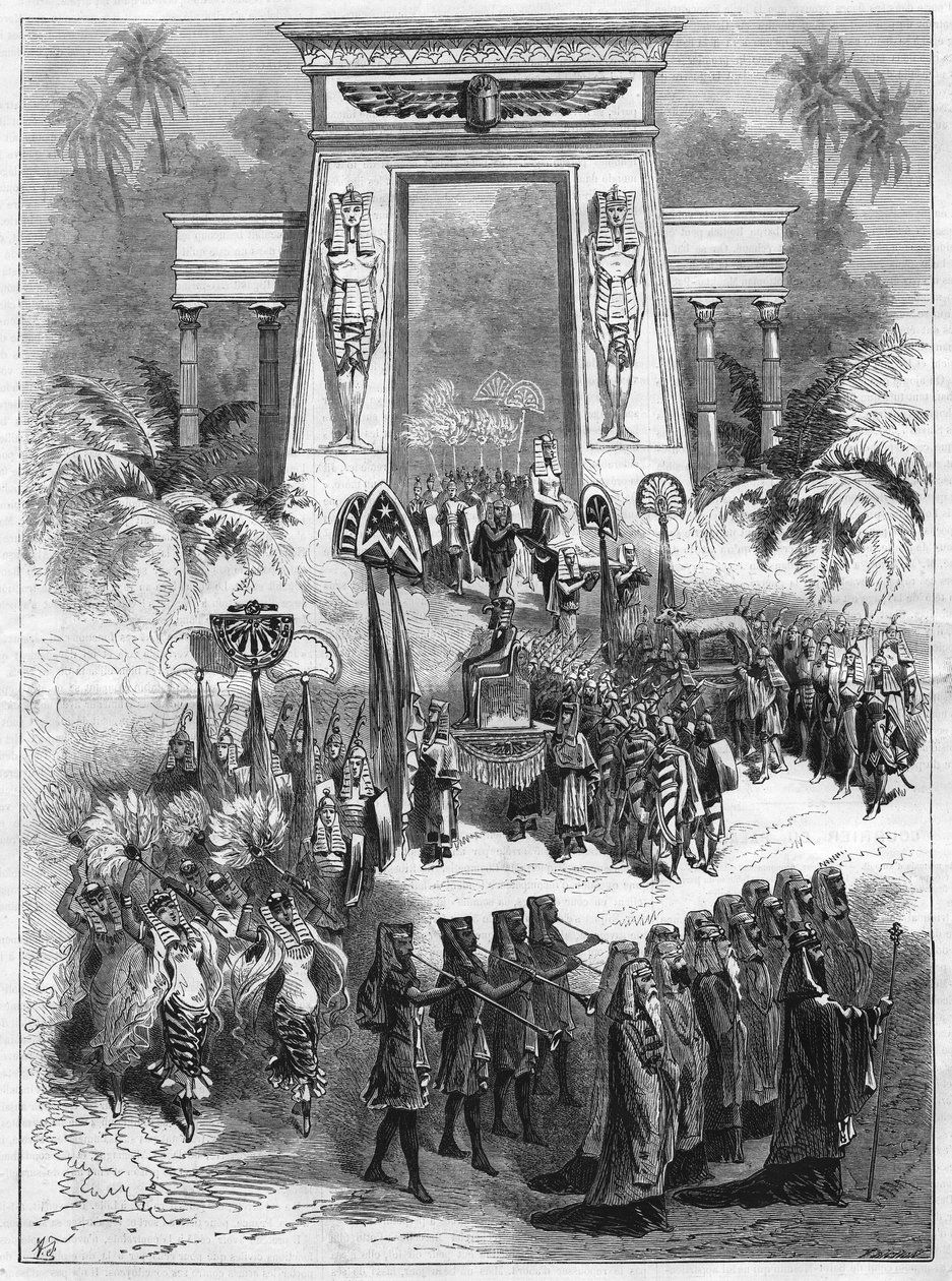 Druhé dějství dílu, Aido. Velká opera o čtyřech dějstvích a sedmi obrazech Giuseppe Verdiho (1813-1901) hraje v italském divadle v Paříži. Gravírování v „“L
