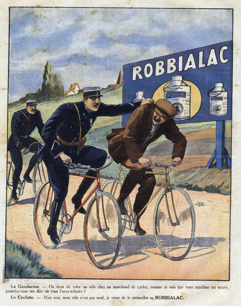 Reklama na barvu Robbialac: policisté obviňují cyklistu, že mu ukradl kolo, protože díky barvě Robbialac vypadá jako nový. Rytina do „“Le petit journal llustrious““ od Anonymous Anonymous