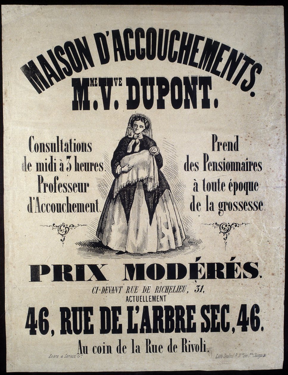 Reklama na rodný dům (mateřství) v Paříži v roce 1850. Madame Dupont, nízké ceny na 46 rue de l