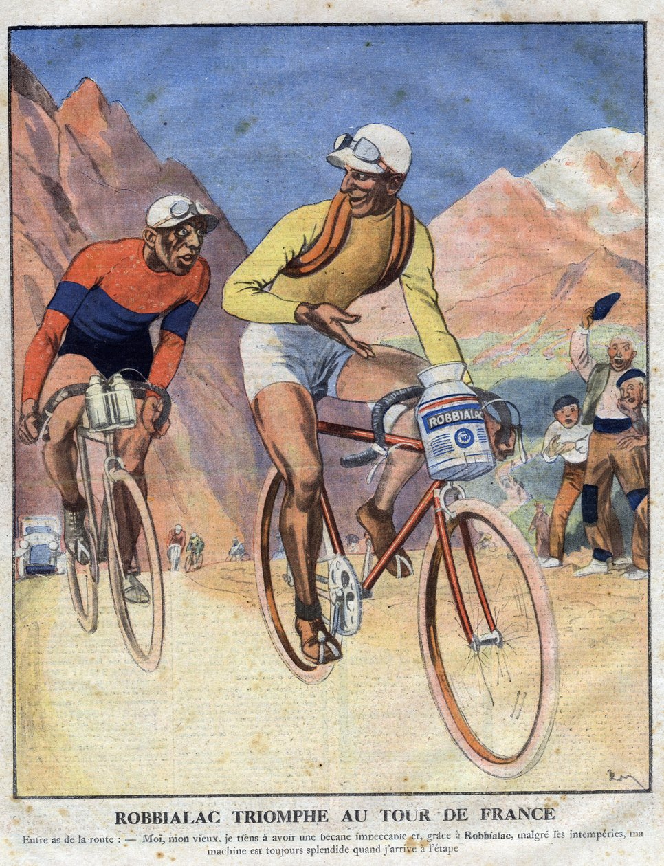 Reklama na obraz Robbialac: „Triumf Robbialaca na Tour de France““. Cyklista prodává přednosti barvy Robbialac pro své kolo. Rytina. Jeden z „The Little Journal Ilustrates“ od Anonymous Anonymous