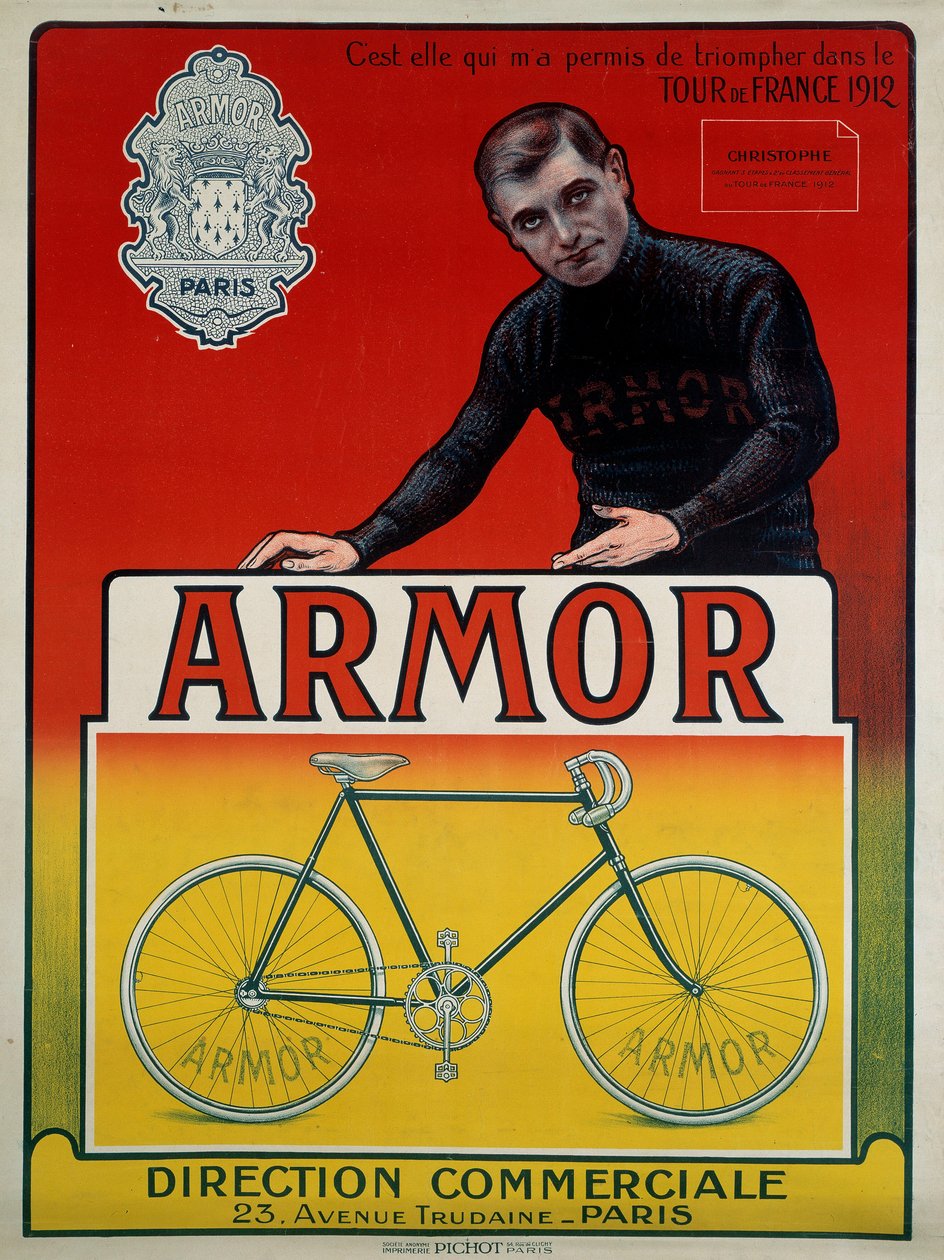 Reklamní plakát na kolo „“ Armor““ s cyklistou Eugenem Christophem (1885-1970), vítězem 3 etap a druhým v celkové klasifikaci Tour de France z roku 1912: „Je to ona, kdo mi umožnil triumfovat v Tour de France z roku 1912, sd 20. stol od Anonymous Anonymous