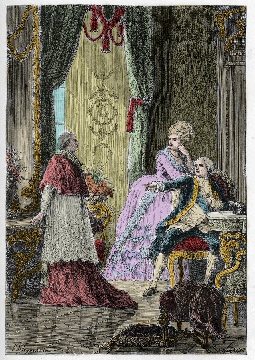 Aféra královnina náhrdelníku (1785-1786): Kardinál Louis Rene Edouard de Rohan (1734-1803) před králem Ludvíkem XVI. (1754-1793) a královnou Marií Antoinettou (1755-1793) od Anonymous Anonymous