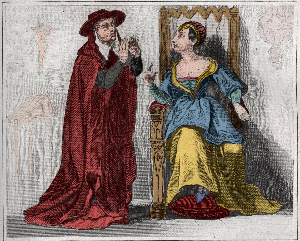 Agnes Sorel (1422-1450) (Paní z Beaute sur Marne) (Beaute-sur-Marne) s kardinálem. Rytina z roku 1859 v „“ Le Monde. Dějiny všech národů od nejvzdálenějších dob až po současnost“. od M. E. de Lostalot-Bachoue (Lostalot Bachoue). . od Anonymous Anonymous