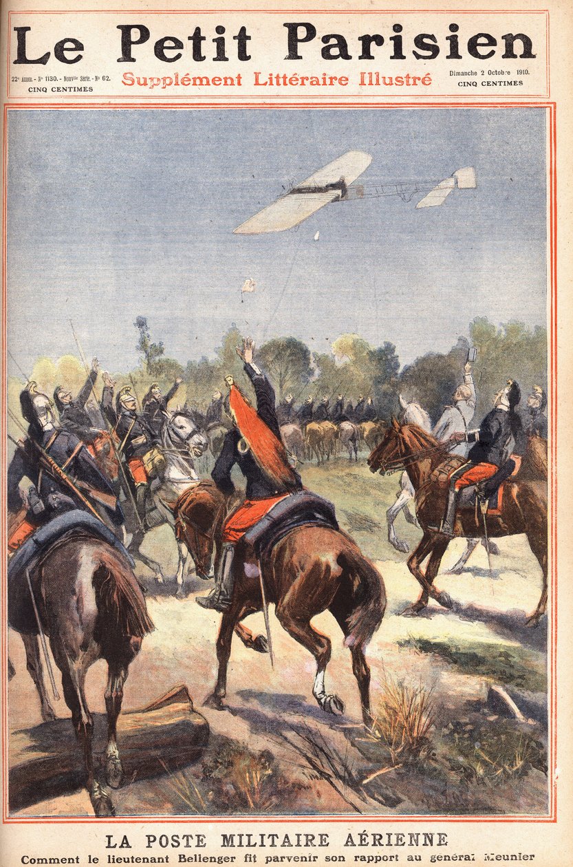 Letecká vojenská stanice: jak poručík Georges Bellenger (1878-1977) poslal svou zprávu generálu Meunierovi, titulní strana novin „Le petit parisien“ dne 2.10.1910 (rytina) od Anonymous Anonymous