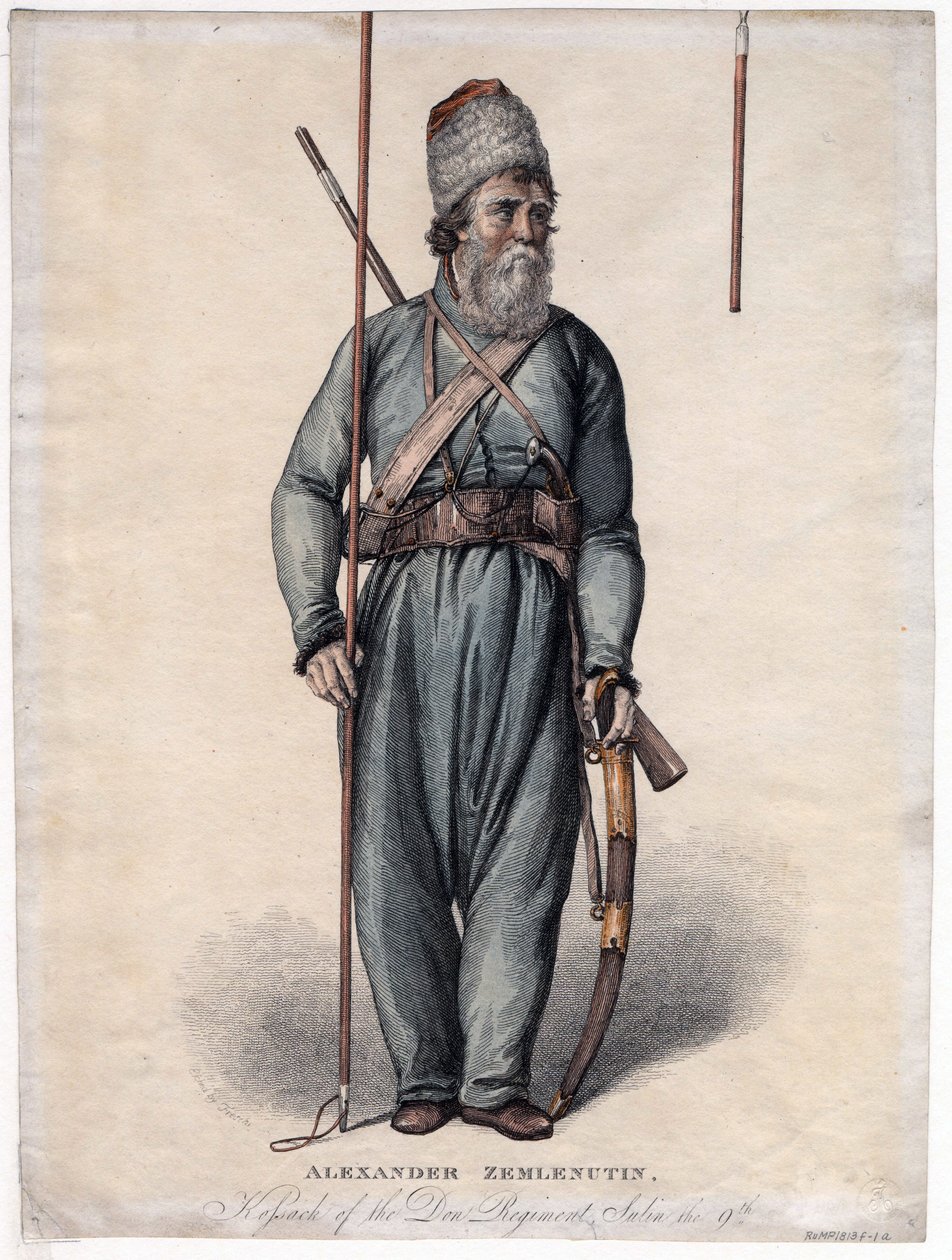 Alexander Zemlyanukhin, kozák donského pluku - Anonym - cca 1813 - Lept, akvarel - 34,3x25,3 - Soukromá sbírka od Anonymous Anonymous