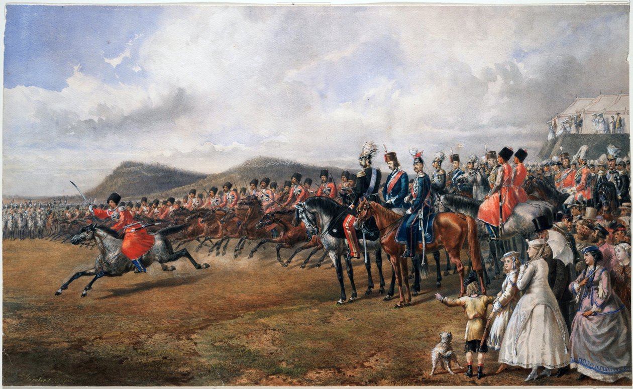 Alexandre II. (1818-1881) passant les torupes en revue - Car Alexander II hodnotí vojska - Anonym - 1867 - Akvarel na papíře - 55x90 - Soukromá sbírka od Anonymous Anonymous