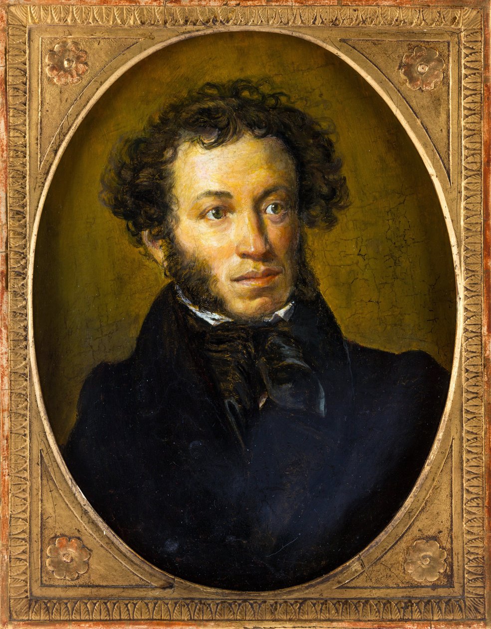 Alexandre Pouchkine - Portrét básníka Alexandra Sergejeviče Puškina (1799-1837) - Anonym. Olej na dřevě, druhá čtvrtina 19. stol. Rozměr: 40,5 x 30,5 cm. Soukromá sbírka od Anonymous Anonymous