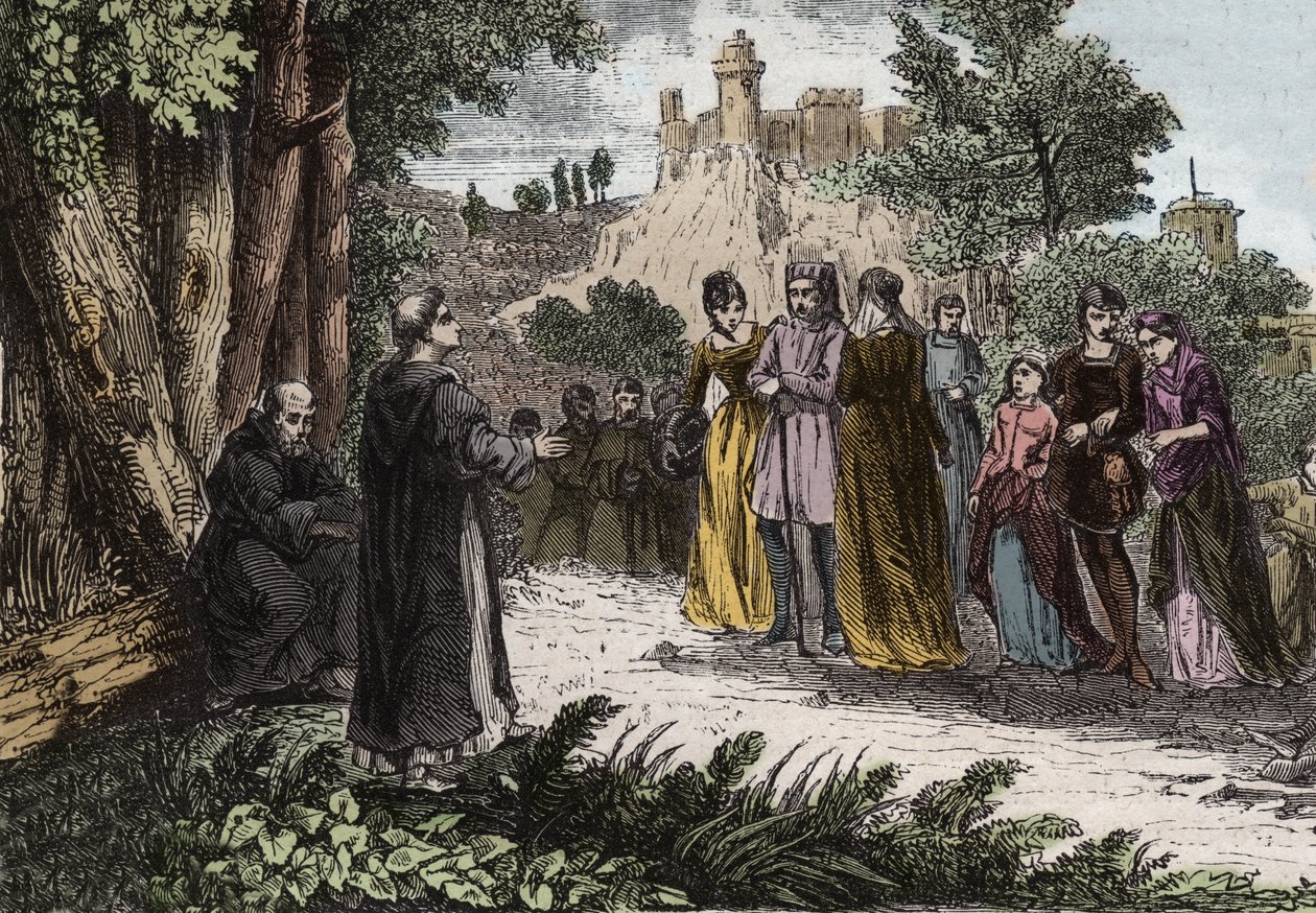 Alibgenská hereze - Svatý Dominik káže albigencům - Svatá Dominika (Dominica de Guzman) (1170-1221) kazatel Albigeois - Rytina z roku 1846 v „Životech svatých““. Soukromá sbírka. od Anonymous Anonymous