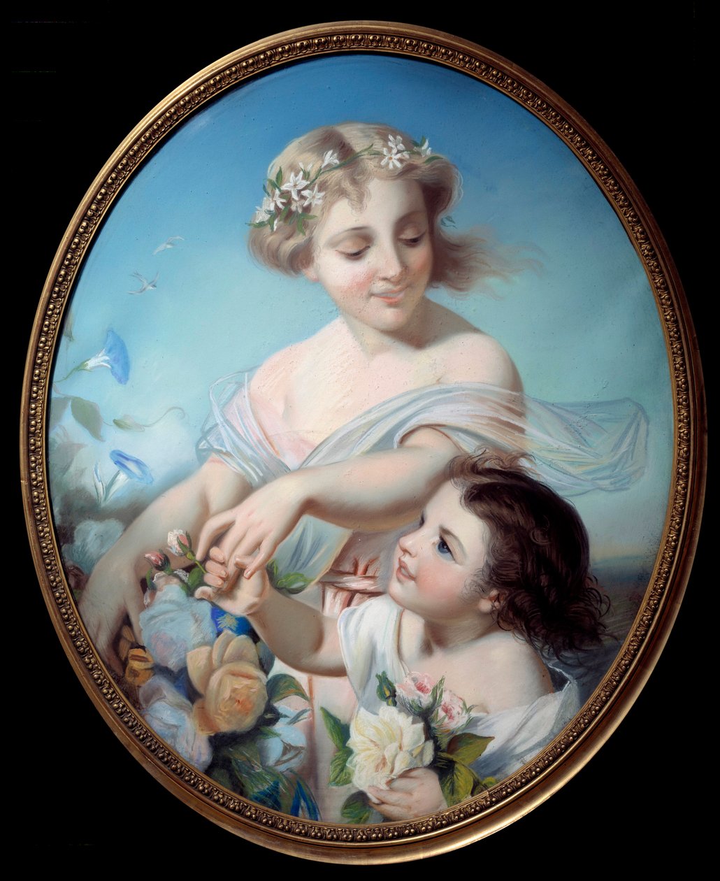 Alegorie léta Matka a její vnučka drží kytice květin. Anonymní malování. 18. století Rouen, Musee des Beaux Arts od Anonymous Anonymous