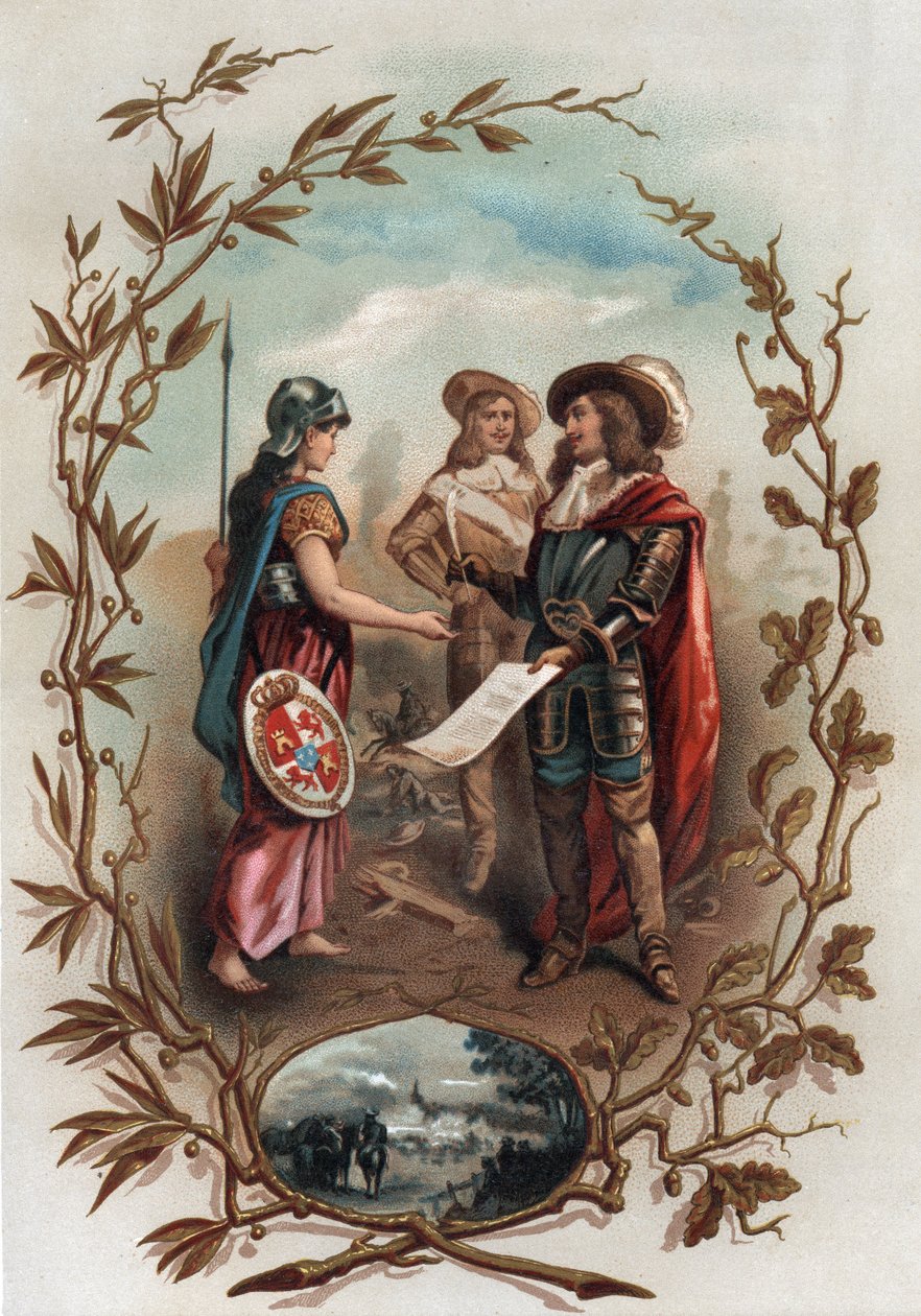 Alegorie vztahující se k Aachenské smlouvě. Podepsán 2. května 1668 mezi Francií a Španělskem, ukončil válku o převodu a předal Flandry Francii. Chromolitografie v „“ Turenne; sa vie, les institutions militaires de son temps“ (1884) od Julese Roye. P od Anonymous Anonymous