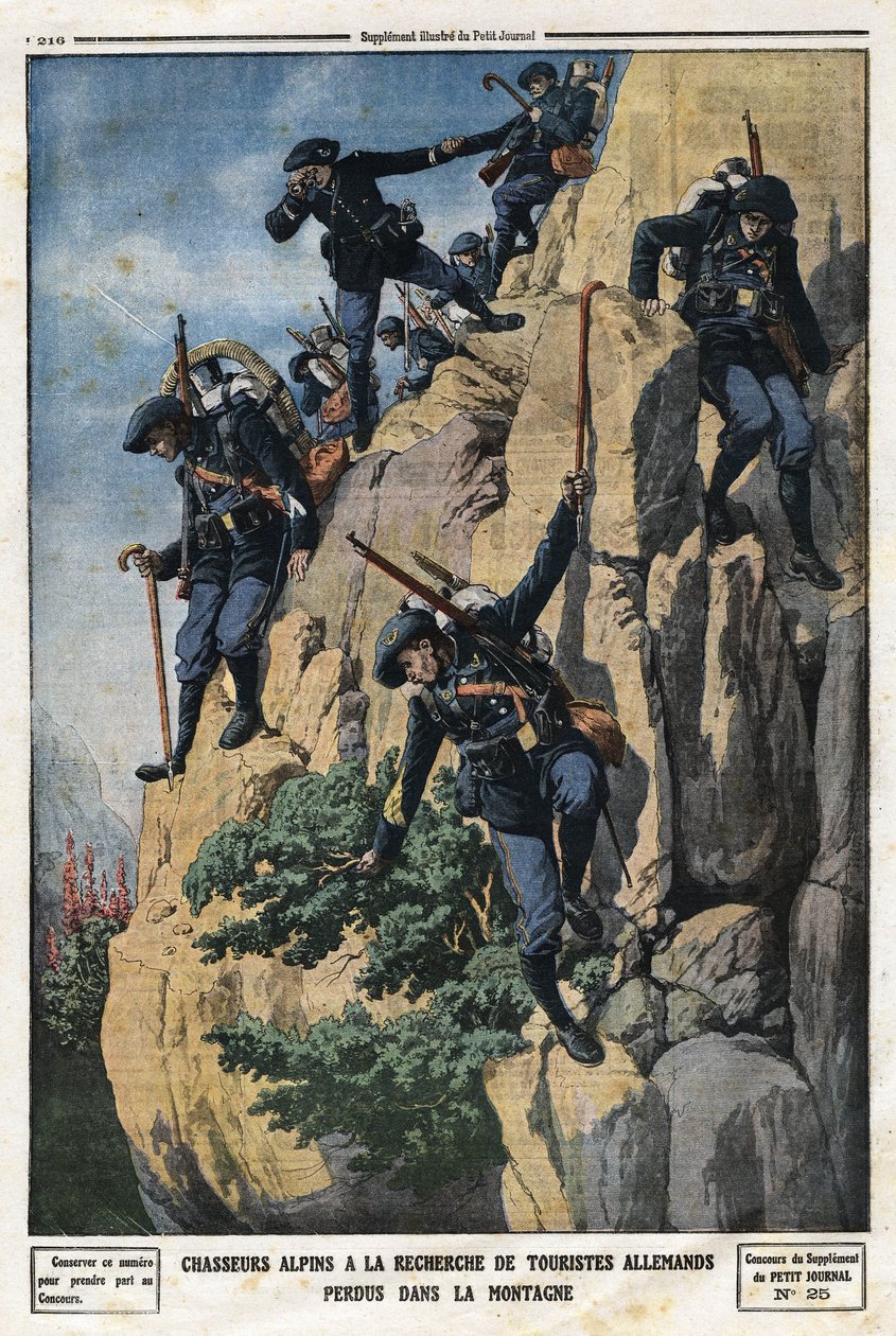 Alpští lovci hledají ztracené německé turisty. Chtěli jít na horu Nero (Helmet du Nero) v masivu Chartreuse. Rytina v “” Le Petite Journal””, dne 7.7.1912. Soukromá sbírka. od Anonymous Anonymous