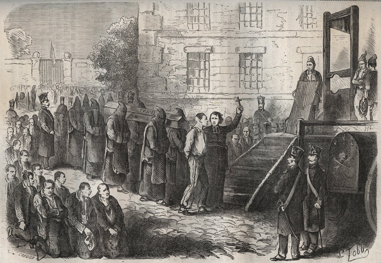 Poprava v Toulon Bagne v 19. století. Rytina do „Historie trestanců od jejich vzniku až po současnost“ (1877) od Pierra Zacconeho (1817-1895) (Colonia Penale - Trestná kolonie). Soukromá sbírka. od Anonymous Anonymous