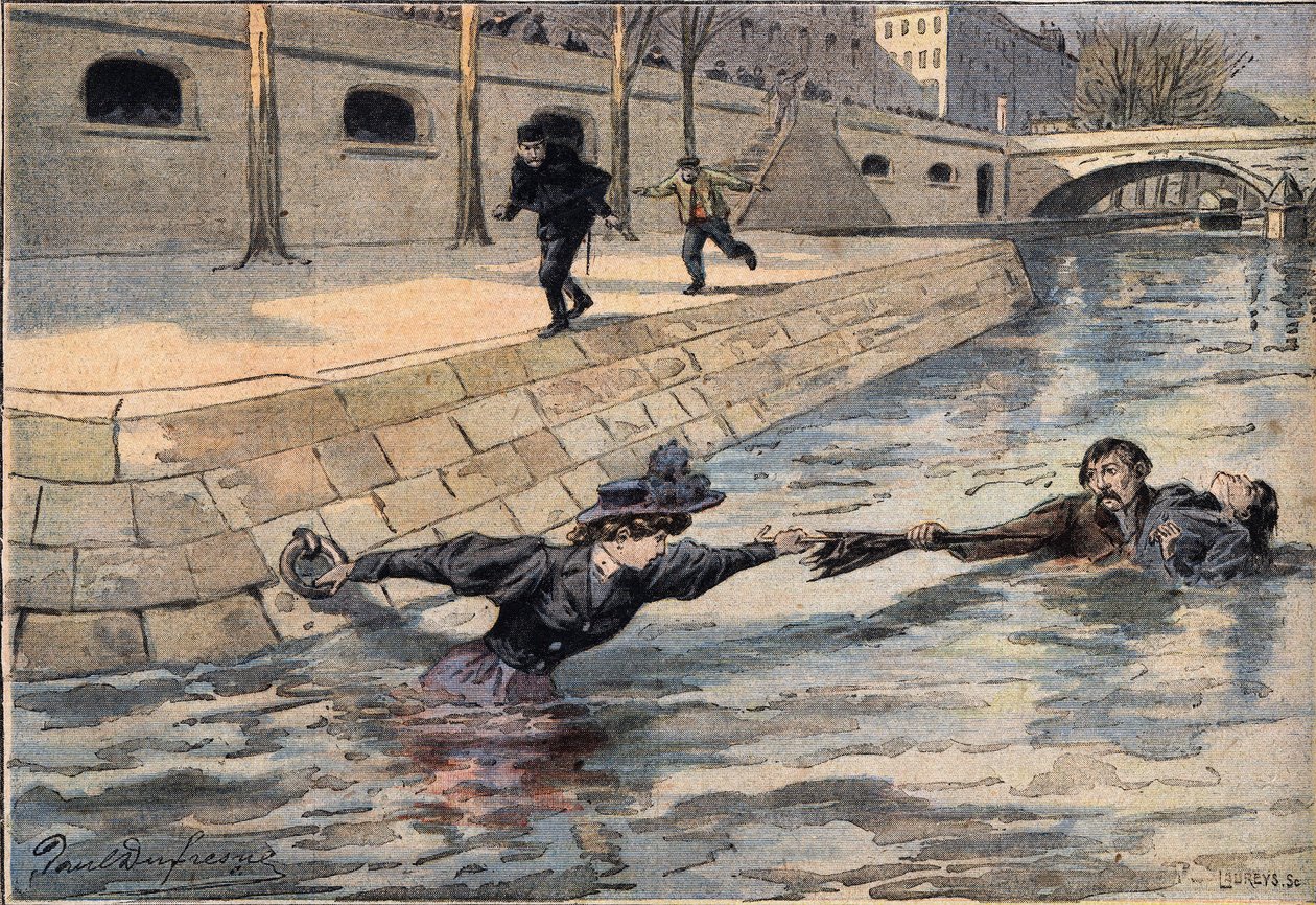 Důmyslná záchrana: u mostu Svatého otce ženu, která se vysrážela v seině, zachrání muž, který pomohl jiné ženě. Rytina z novin „“Le Petite Parisien“, 8.3.1908. Soukromá sbírka. od Anonymous Anonymous
