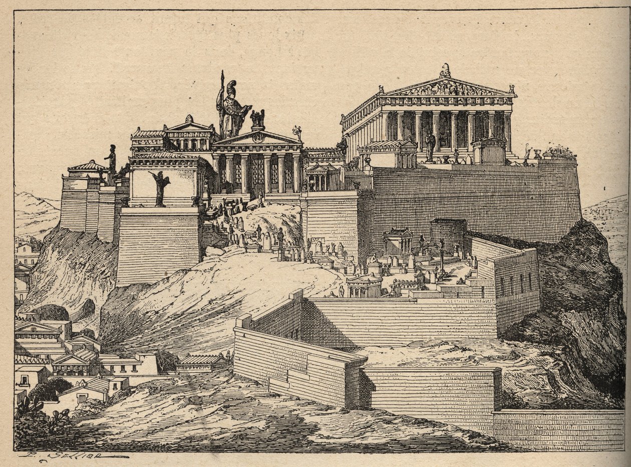 Starověké Řecko: Parthenon, chrám Athény, na kopci Akropole v Aténách (Starověké Řecko: Atény, Akropole - Parthenon - rytina 1890 od Anonymous Anonymous