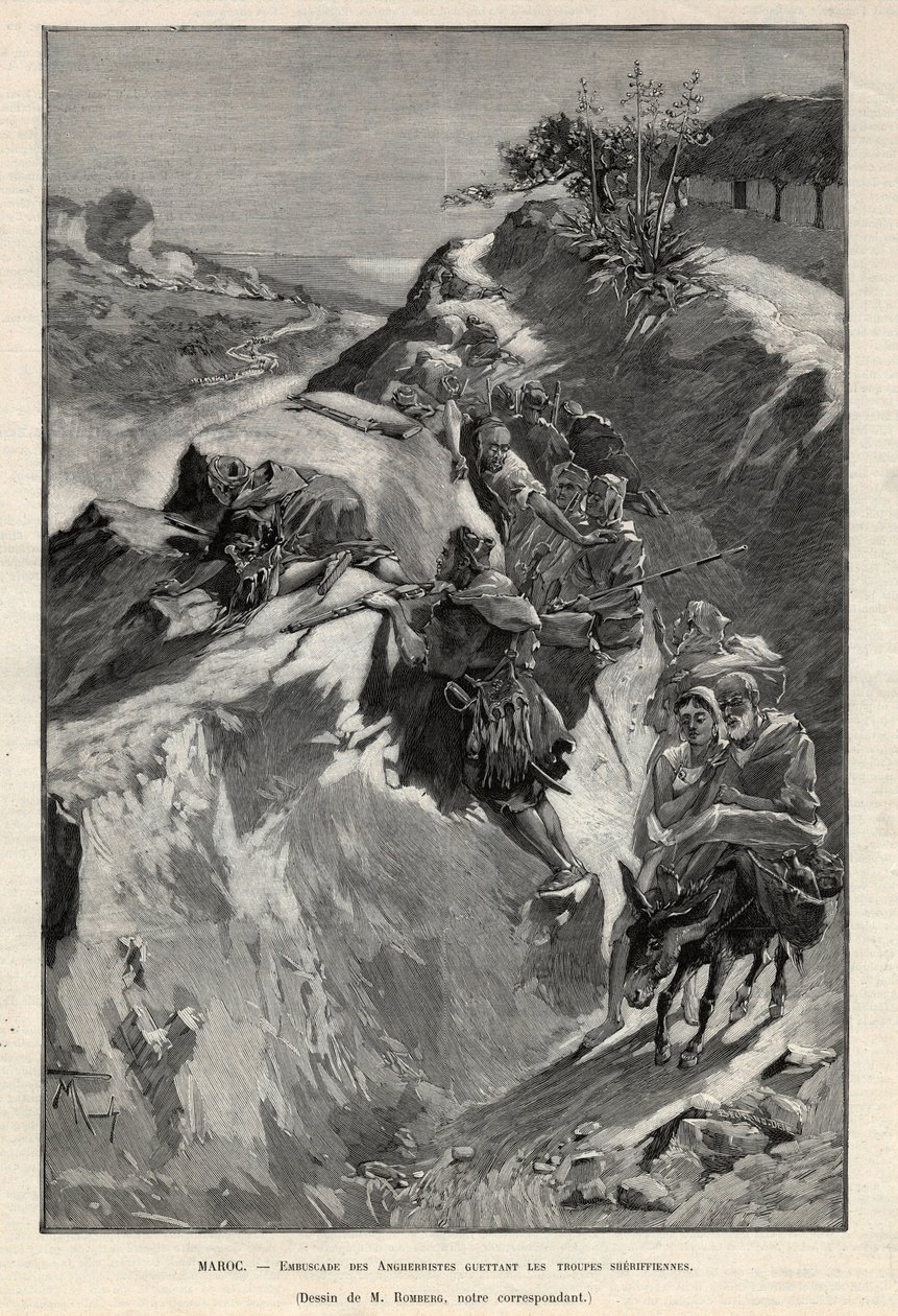 Horské povstání Andjera v Maroku: přepadení Angherristů čekajících na šerifské jednotky. Rytina v „Le monde illustree““ z roku 1892. Soukromá sbírka. od Anonymous Anonymous