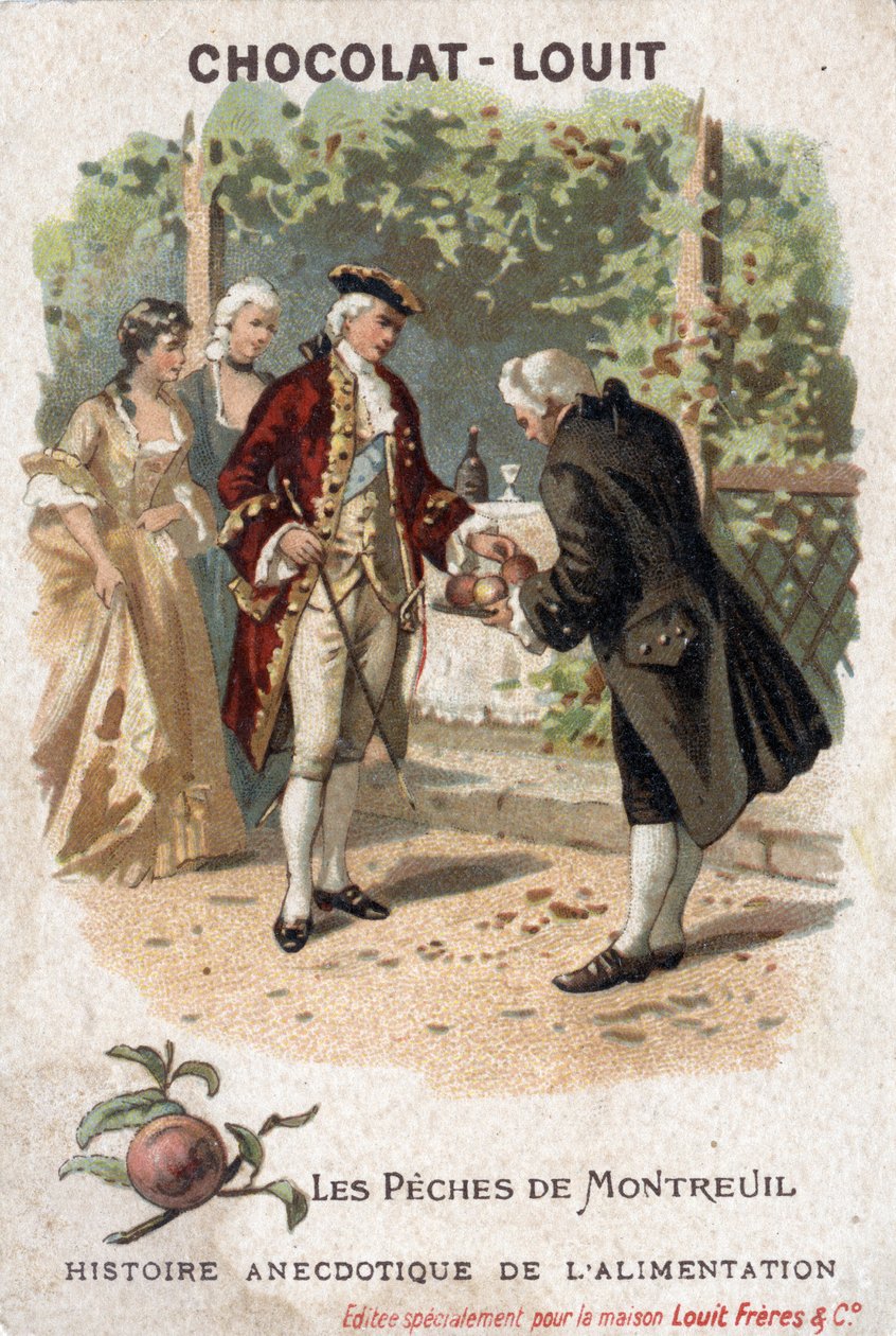 Neoficiální historie jídla: Montreuilský rybolov. Ti, kteří jsou zde zastoupeni, jsou ve skutečnosti rybáři Espalier z Bagnoletu. Francouzský král Ludvík XV. přichází se svým dvorem, aby snědl broskve, které pěstoval pan Edmee de Girardot. Chocolate-Louit  od Anonymous Anonymous