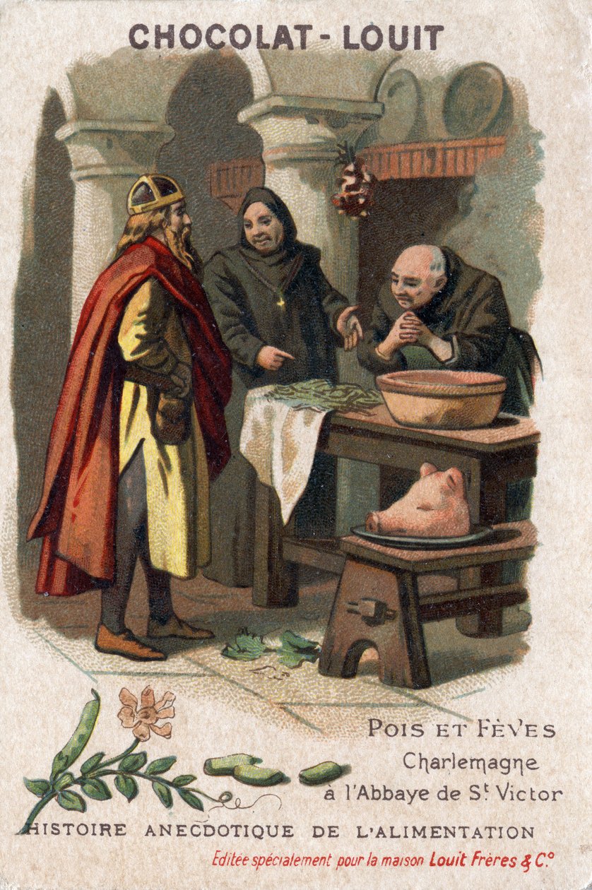 Neoficiální historie jídla: hrách a fevy. Karel Veliký (Karel I., známý jako Karel Veliký, 742-814) žádá o recept mnichy z opatství svatého Viktora, kteří hrach připravovali pozoruhodným způsobem. Chocolate-Louit chromolitografie, konec 19. stol od Anonymous Anonymous