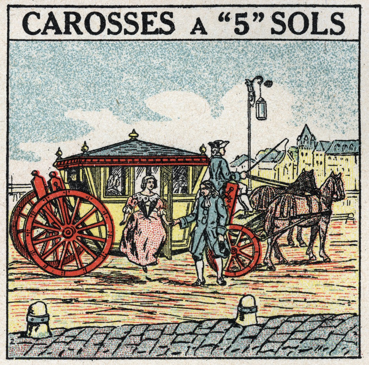 Zvířecí trakce: kočár s 5 patry, způsob dopravy vyhrazený buržoazii za Ludvíka XIV. ve Francii. Anonymní ilustrace z roku 1925. Soukromá sbírka. od Anonymous Anonymous
