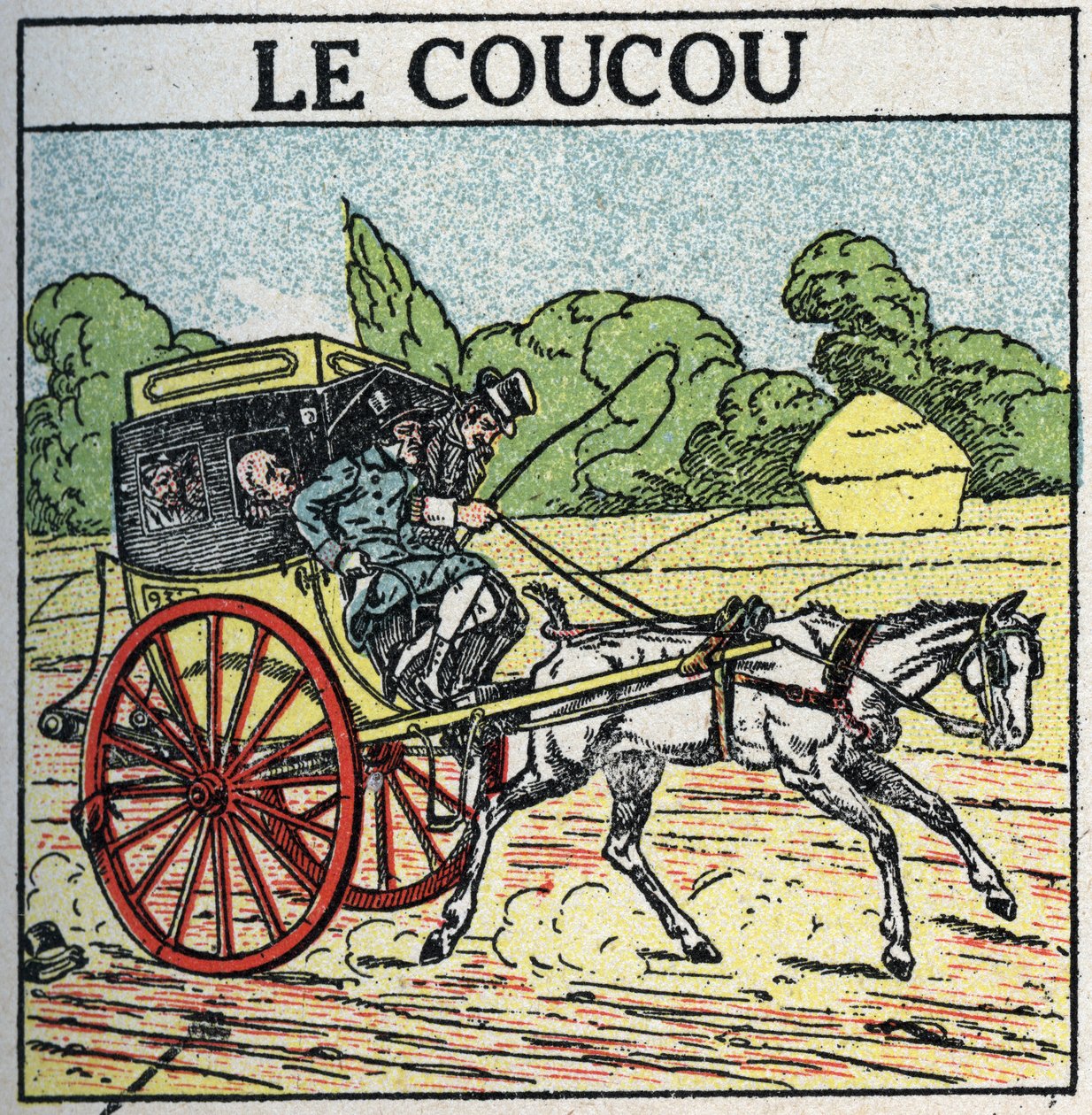 Zvířecí trakce: kukačka, veřejná doprava používaná ve Francii od poloviny 18. století do poloviny 19. století, nazývaná také „komorní hrnec“. Anonymní ilustrace z roku 1925. Soukromá sbírka. od Anonymous Anonymous