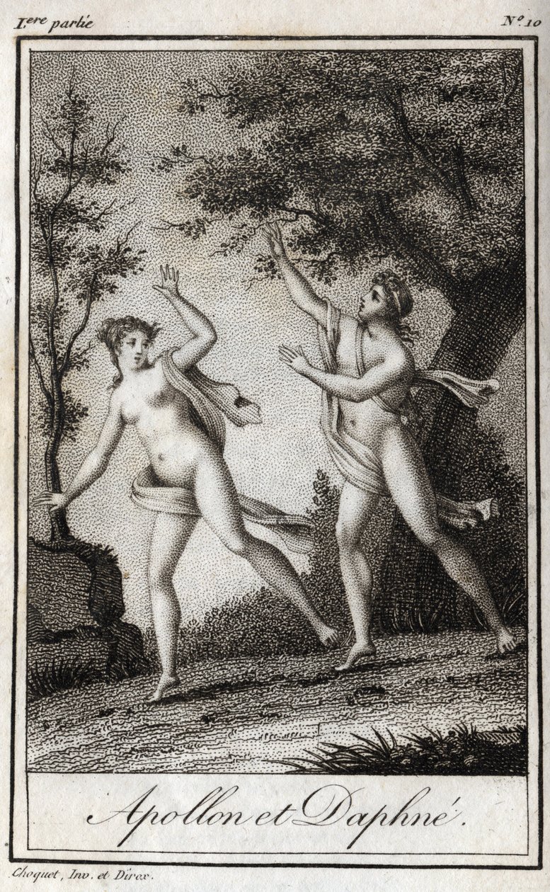 Apollo a Daphne. Nymfa Daphne se promění ve vavřín, aby unikla Apollónovi. Rytina z roku 1819 v „Lettres a Emilie sur la mythologie“ od Charlese Alberta Demoustiera (1760-1801). Soukromá sbírka. od Anonymous Anonymous